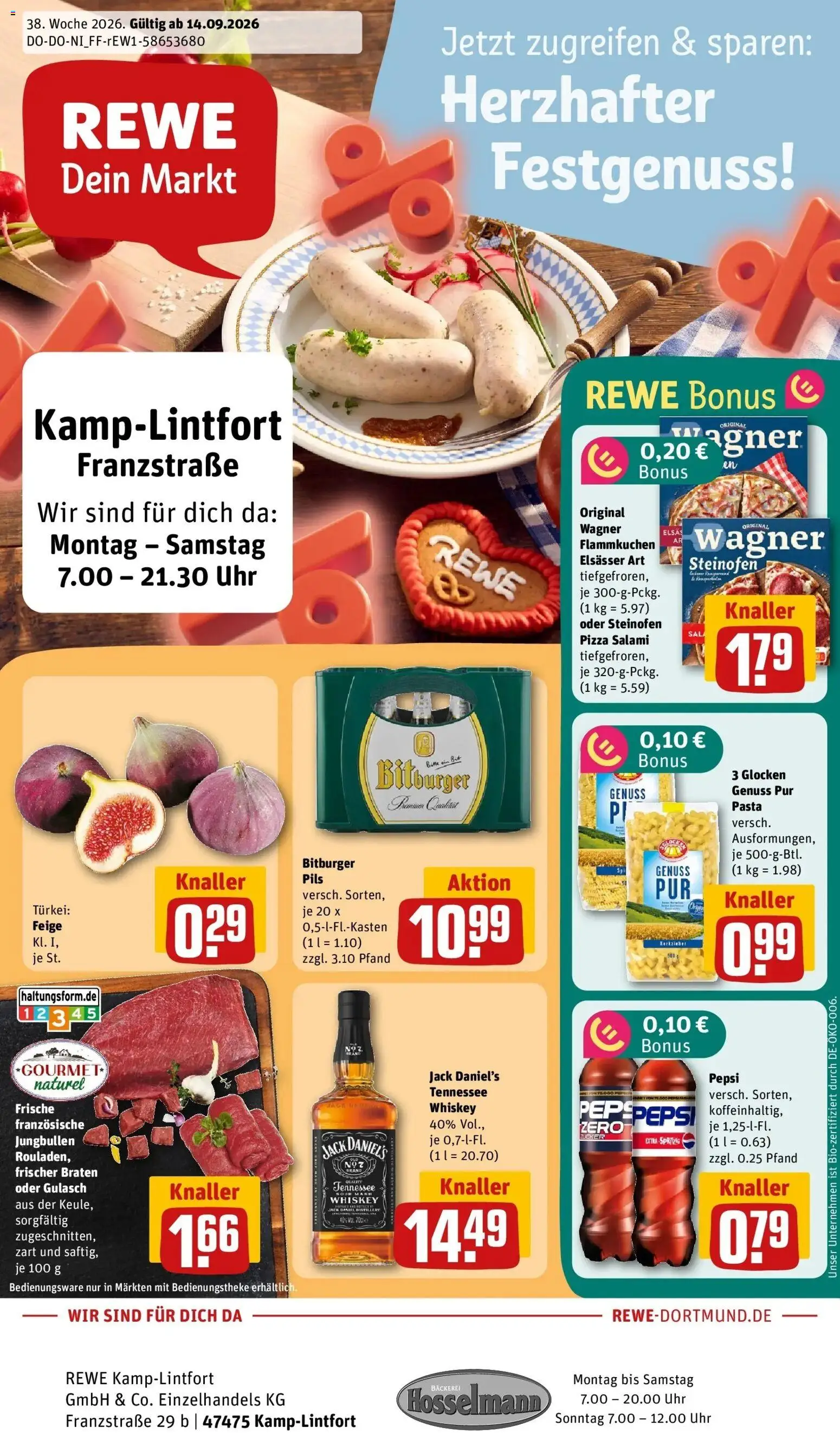 REWE Prospekt ab 14.09.2026 zum Blättern » Angebote | Seite: 1 | Produkte: Bitburger, Bäckerei, Zucker, Uhr