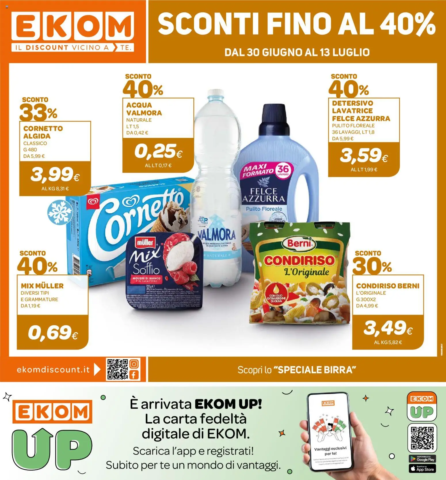 Volantino Ekom del 30/06/2026 | Pagina: 1 | Prodotti: Tè, Acqua, Olio, Lavatrice