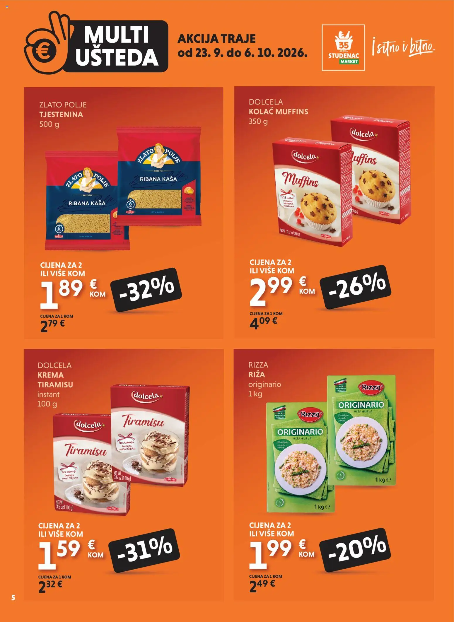 Studenac katalog | vrijedi od 23.09.2026 | Stranica: 5 | Proizvodi: Riža, Tjestenina, Kaša, Kolac