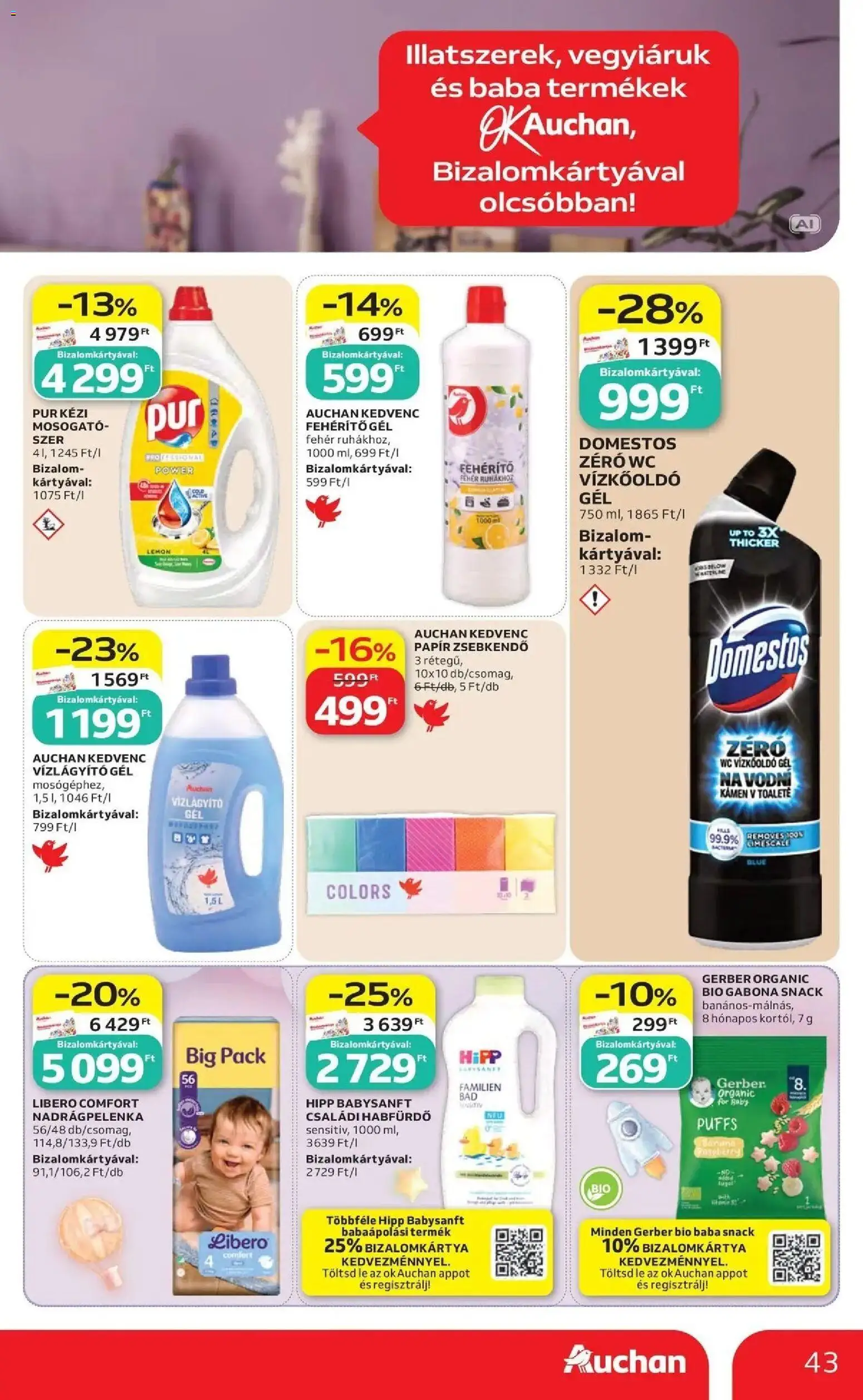 Auchan akciós újság Szolnok - 2026.10.08. -tól/töl > akció, lapozható szórólap 🛍️ | Oldal: 43 | Termékek: Vízkőoldó, WC, Mosogatószer, Domestos