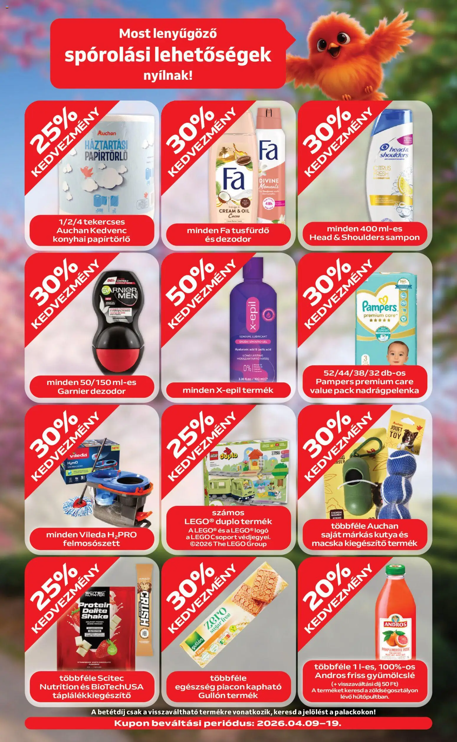 Auchan akciós ujság - amely érvényes a következő dátumtól: 09.04.2026 | Oldal: 3 | Termékek: Pampers, Sampon, Tusfürdő, Vileda