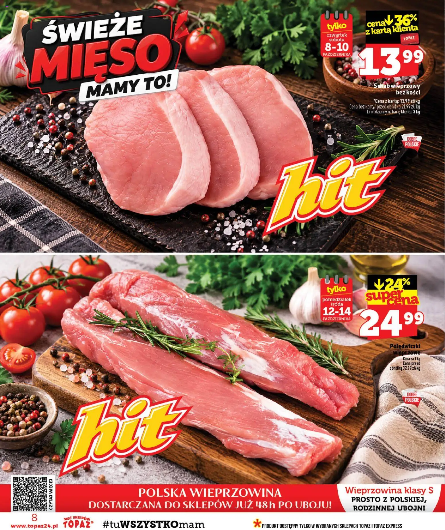 Topaz gazetka - MAZ od 08.10.2026 | Strona: 8 | Produkty: Mięso, Schab wieprzowy, Schab wieprzowy bez kości, Wieprzowina