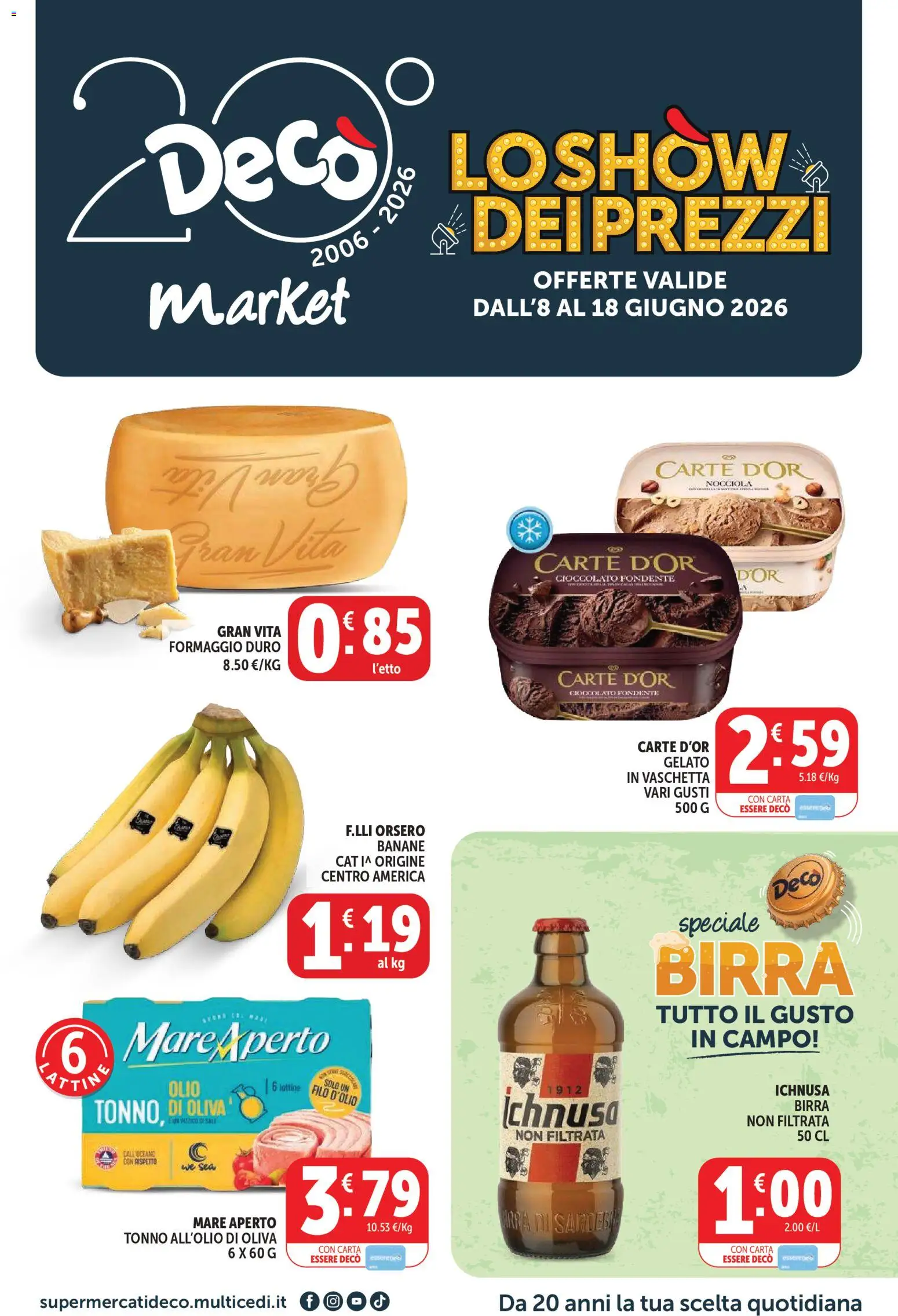Volantino Decò del 08.06.2026 | Pagina: 1 | Prodotti: Cioccolato, Birra, Banane, Tonno