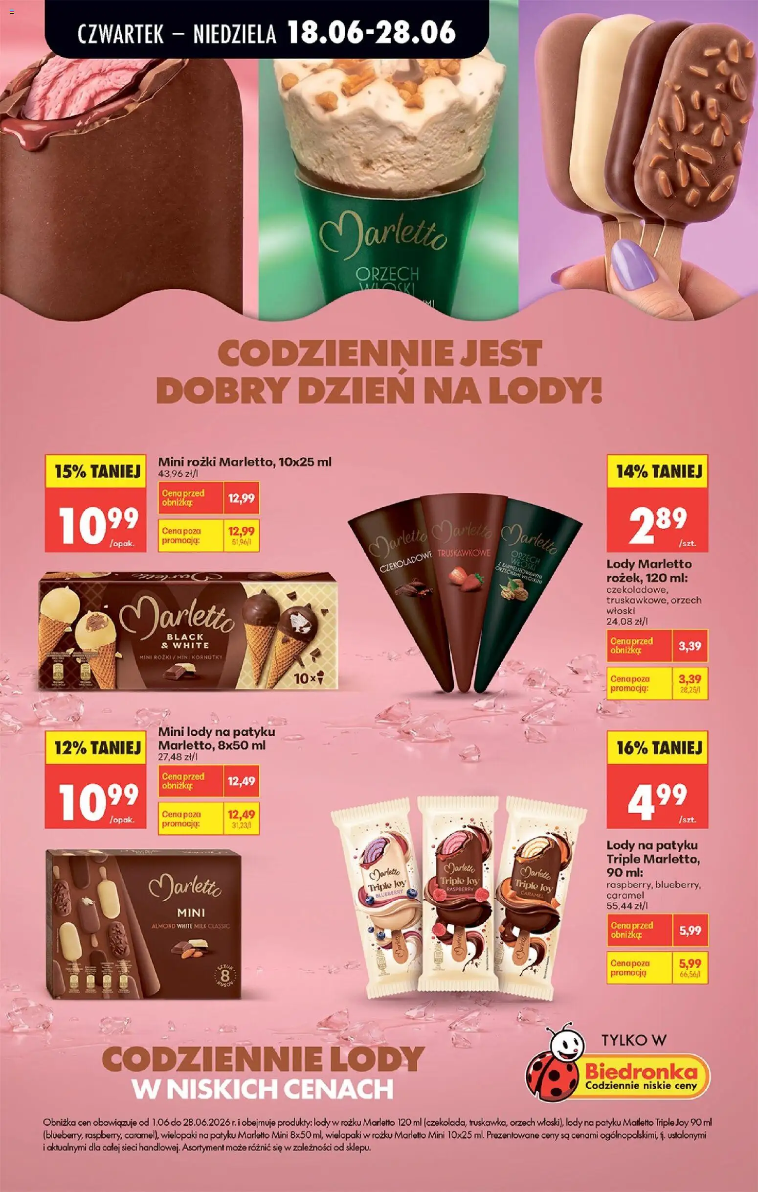 Biedronka gazetka od czwartku od 18.06.2026 | Strona: 23 | Produkty: Lody na patyku, Lody Marletto, Lody, Mini rożki