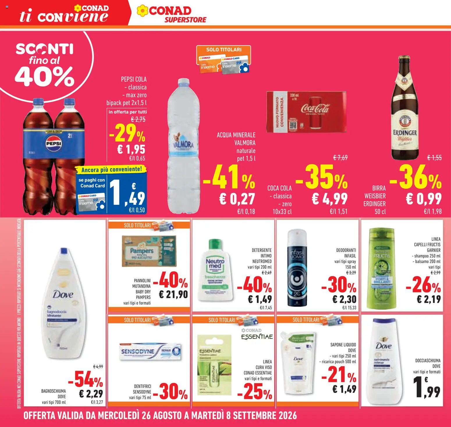 Volantino Conad del 26/08/2026 | Pagina: 24 | Prodotti: Shampoo, Bagnoschiuma, Intimo, Coca Cola Zero