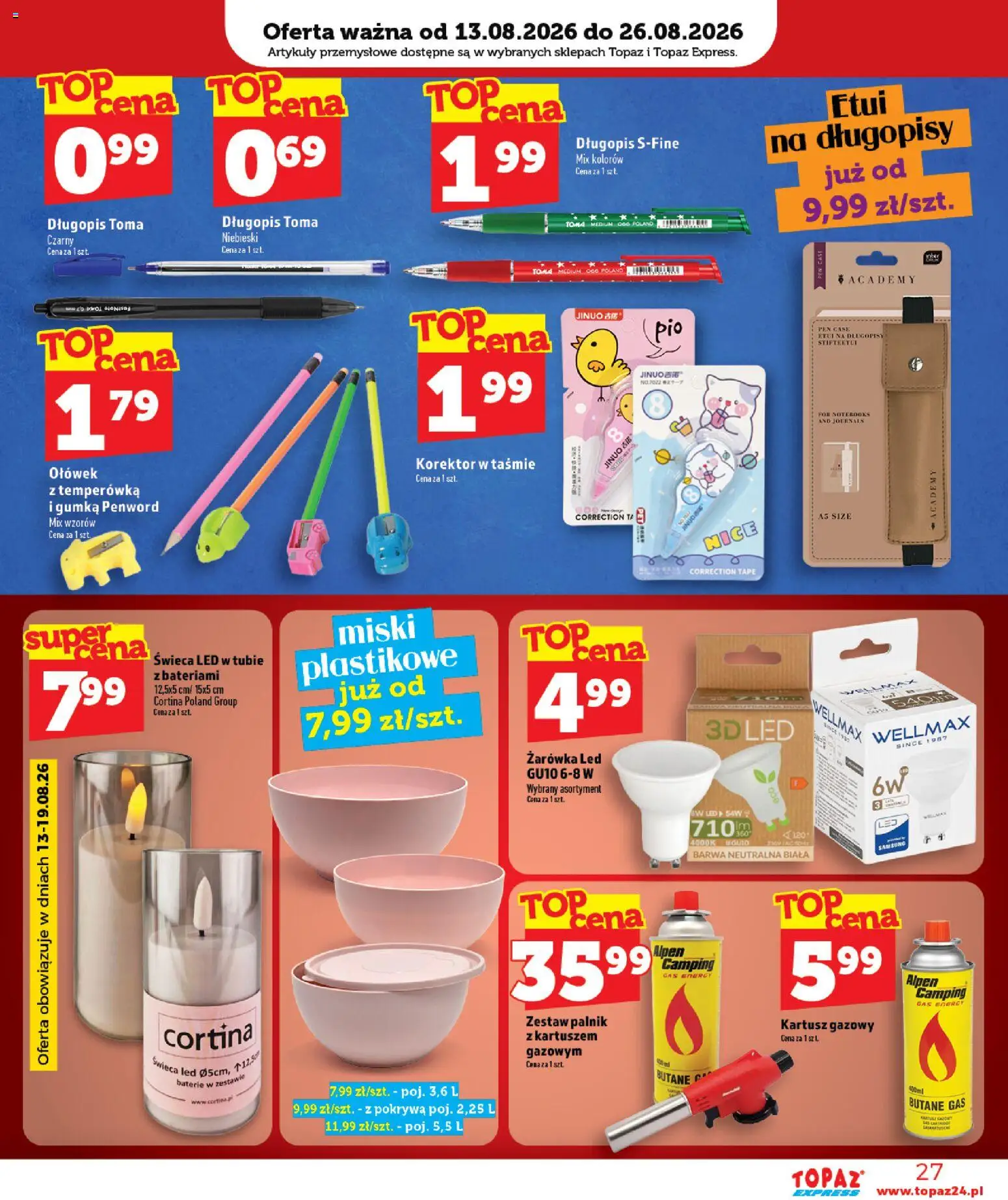 Topaz gazetka - Express od 13.08.2026 | Strona: 27 | Produkty: Świeca, Baterie, Artykuły przemysłowe, Korektor