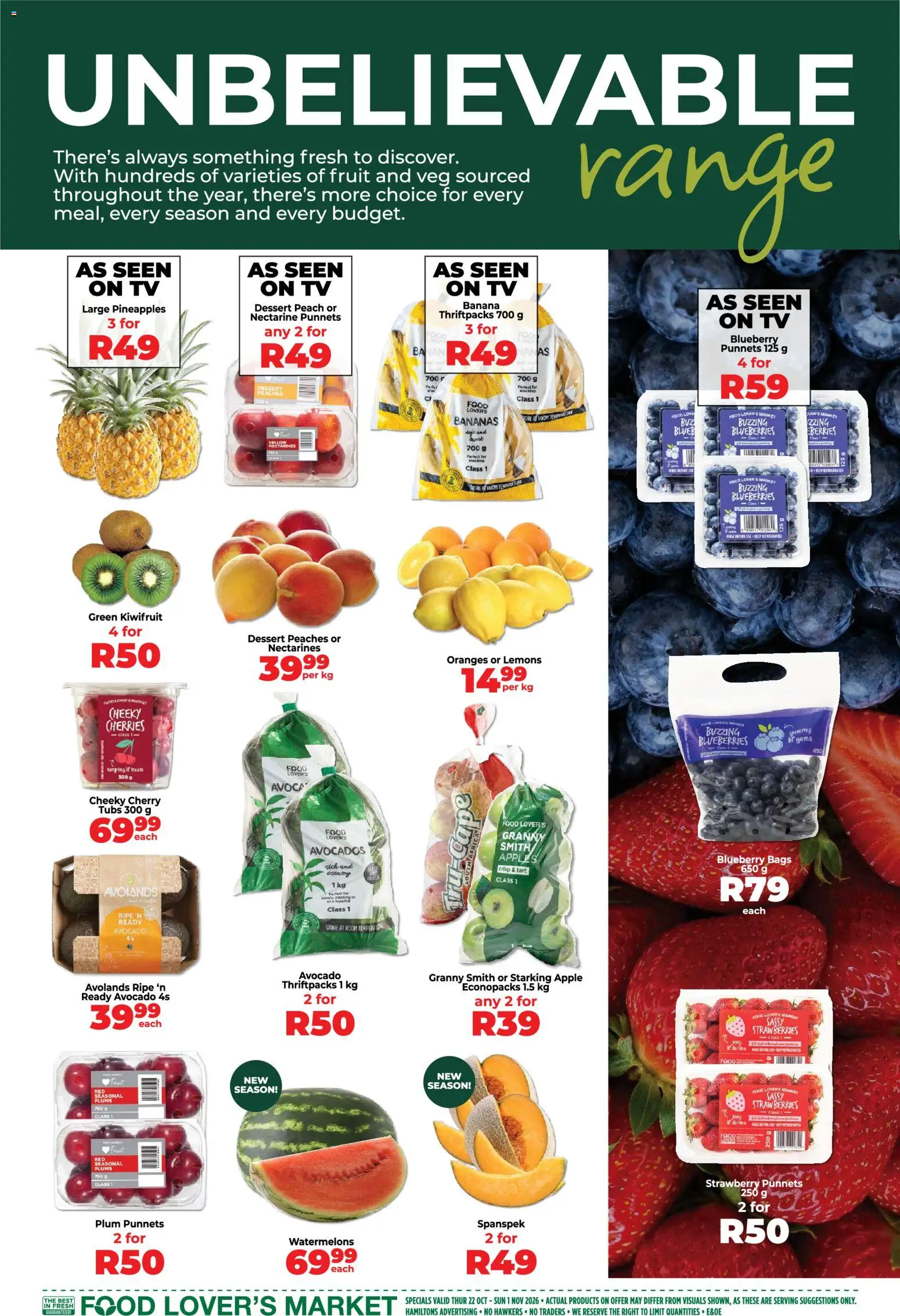New Food Lover's Market catalogue – valid from 22/10/2026 | Page: 3 | Products: Avocado, Bananas, Strawberries, Watermelons