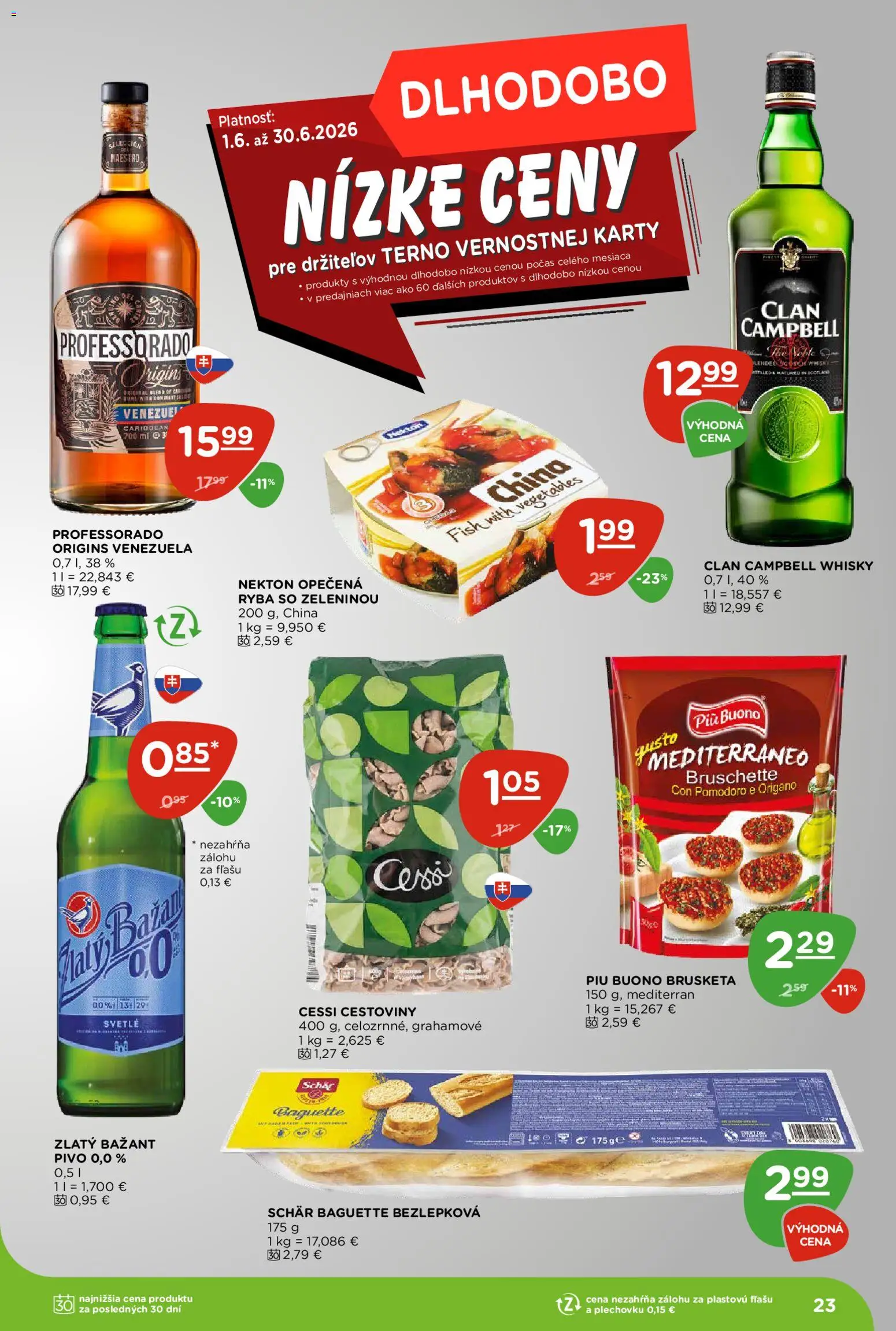 Nové Terno akcie – leták je platný od 25.06.2026 | Strana: 23 | Produkty: Cestoviny, Zlatý Bažant, Ryba, Whisky