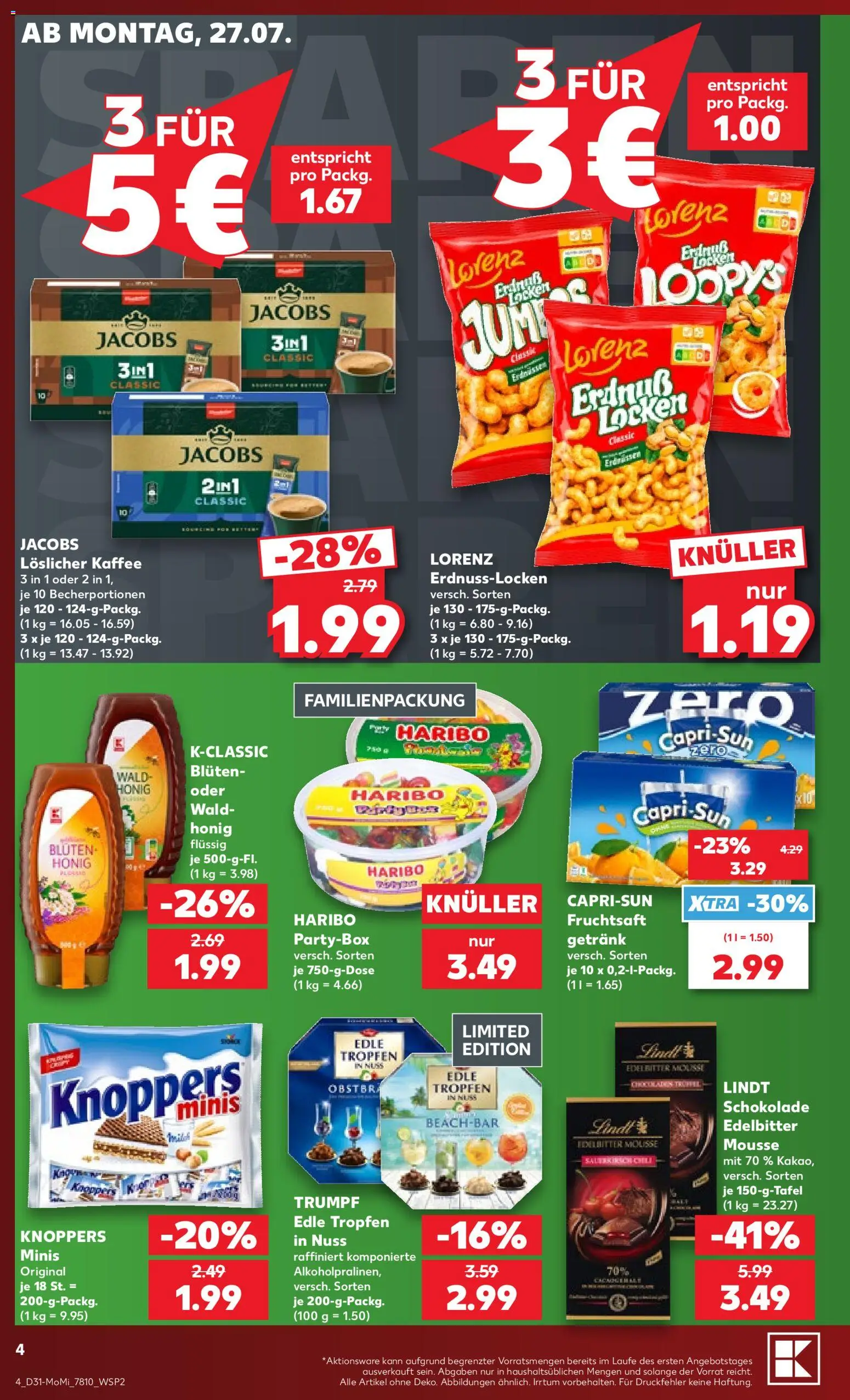 Kaufland Německo leták - Speyer od 27.07.2026 | Strana: 4 | Produkty: Lindt, Knoppers, Haribo, Jacobs