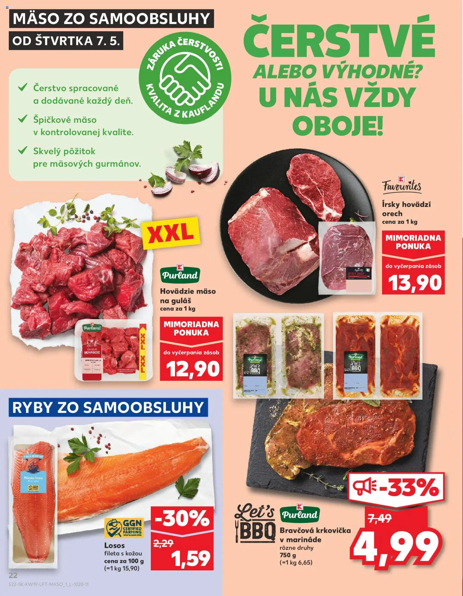 Nové Kaufland akcie – leták je platný od 07.05.2026 | Strana: 22 | Produkty: Ryby, Bravčová krkovička, Losos, Krkovička