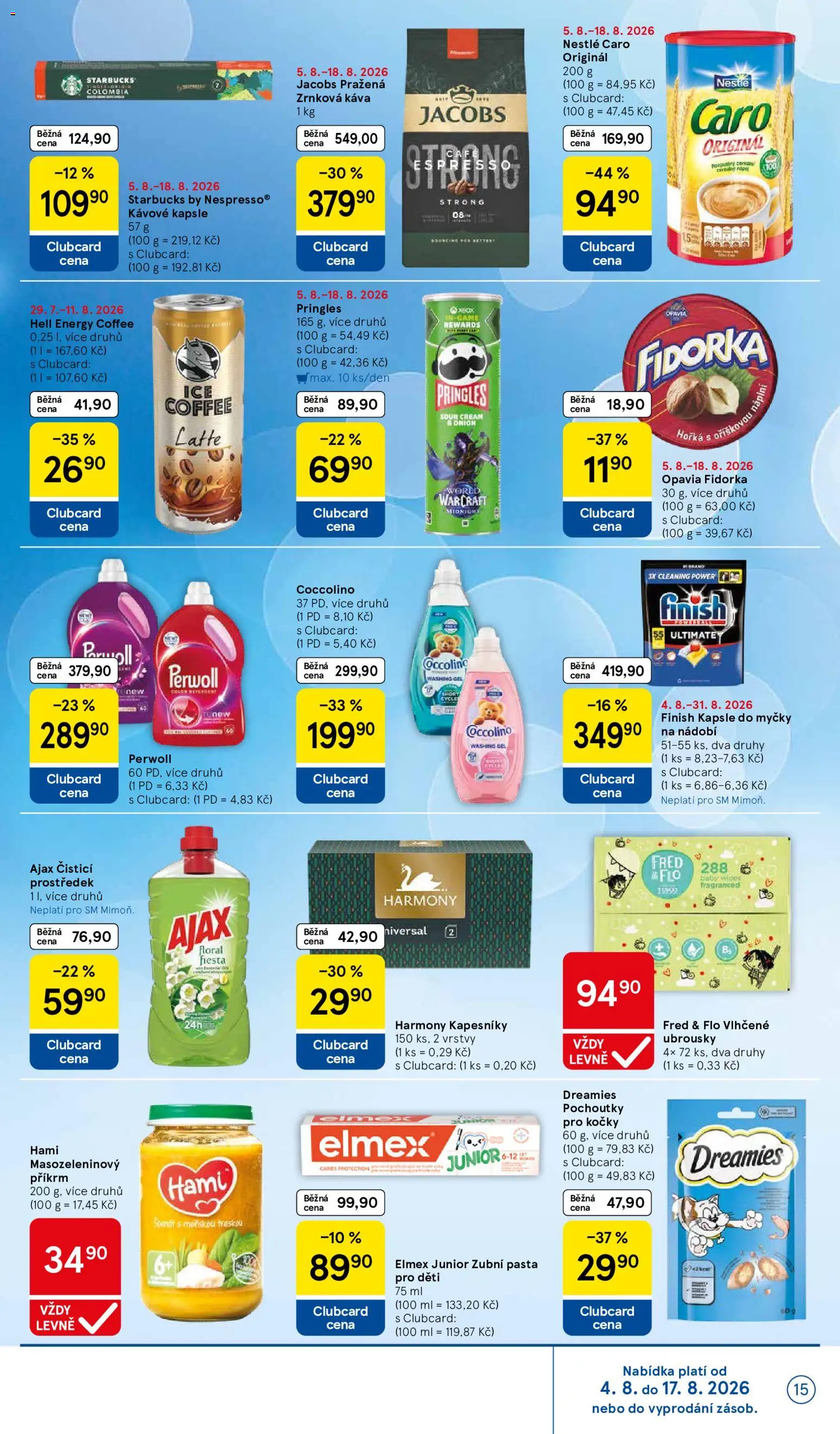 Tesco leták - Supermarket od 05.08.2026 | Strana: 15 | Produkty: Vlhčené ubrousky, Káva, Ajax, Perwoll