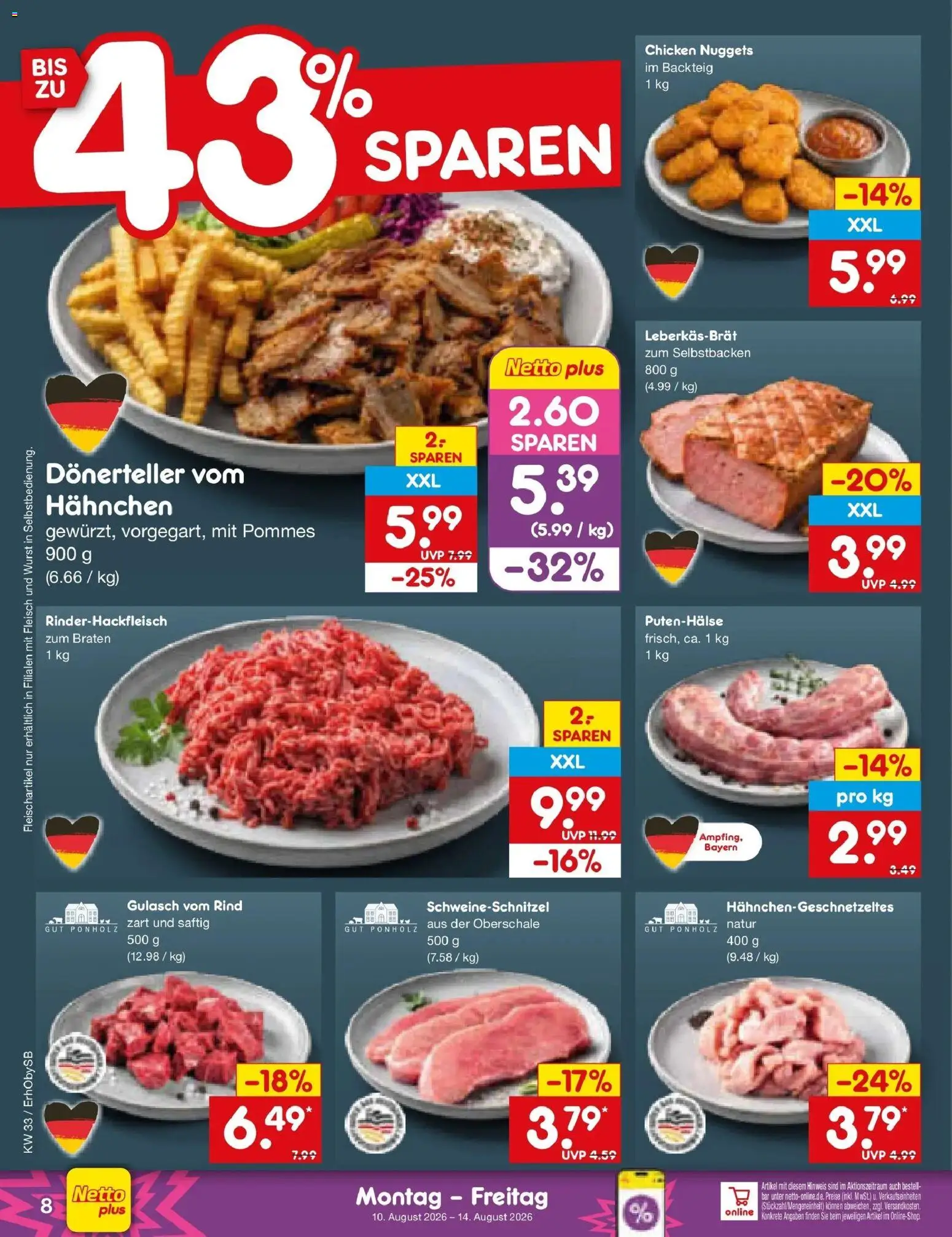Netto Marken-Discount Prospekt Metten – gültig ab 10.08.2026 | Seite: 8 | Produkte: Hahnchen, Pommes, Wurst, Fleisch