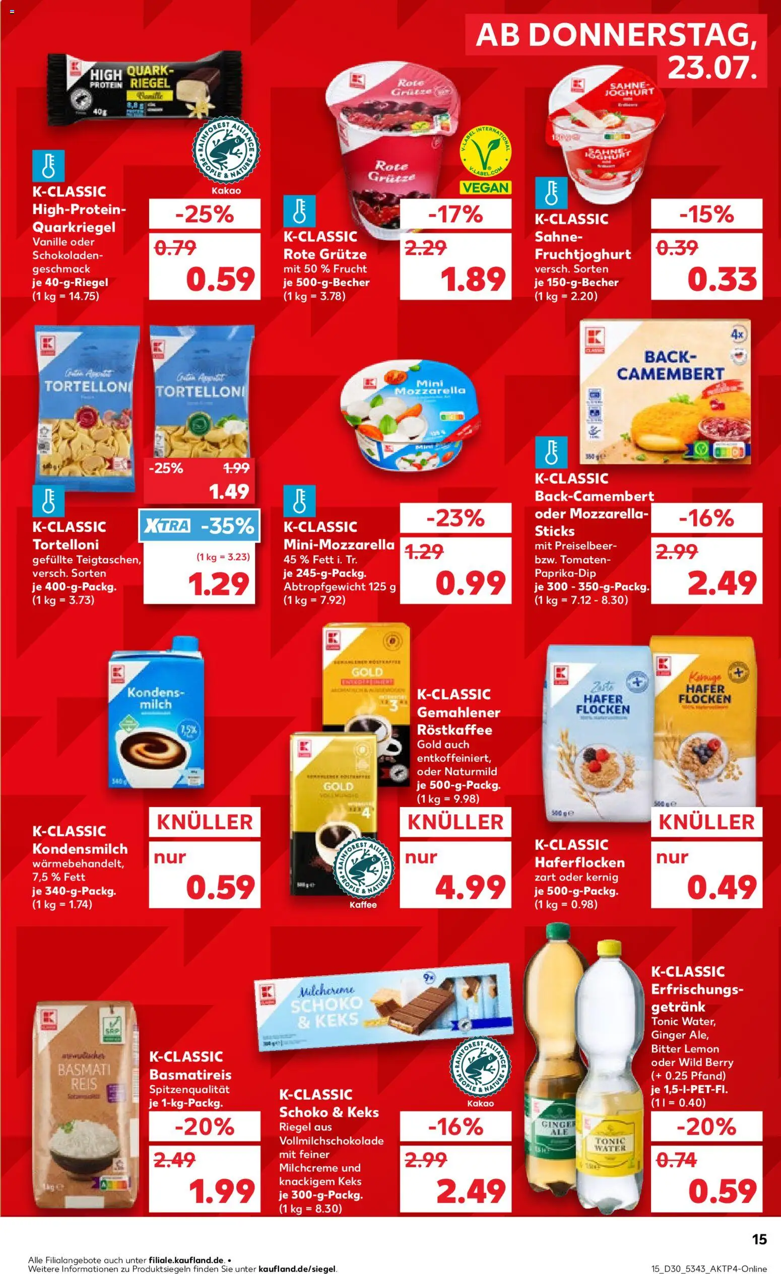 Kaufland Německo leták od 23.07.2026 | Strana: 15 | Produkty: Vegan, Tonic, Mozzarella, Protein