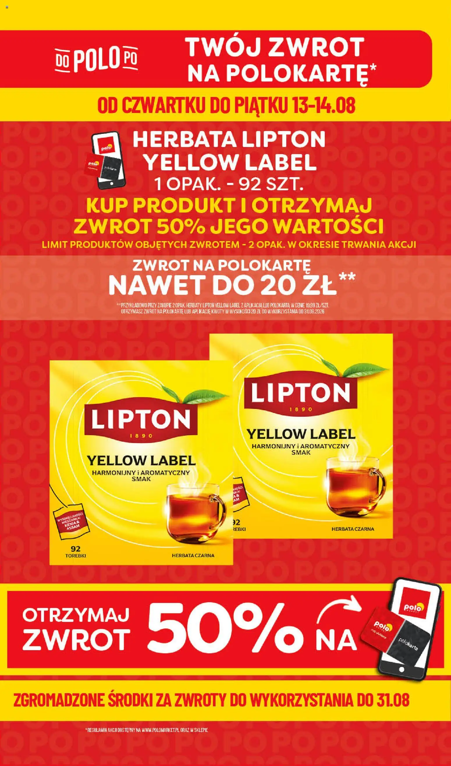 Nowa POLOmarket gazetka od jutra 13.08.2026 | Strona: 1 | Produkty: Herbata czarna, Herbata lipton, Herbata, Torebki