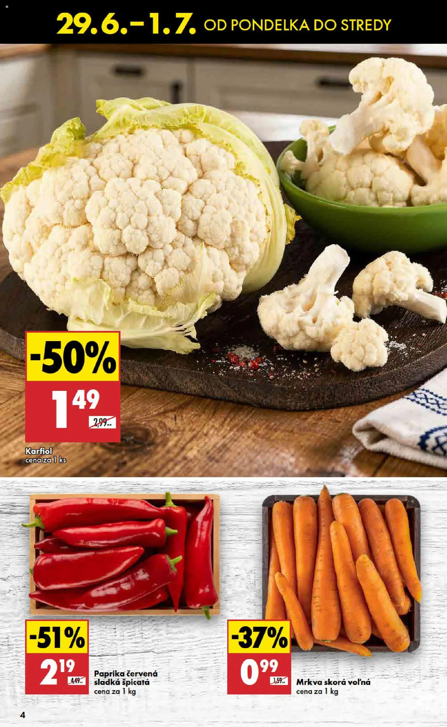 Nové Biedronka akcie – leták je platný od 29.06.2026 | Strana: 4 | Produkty: Paprika, Karfiol, Mrkva