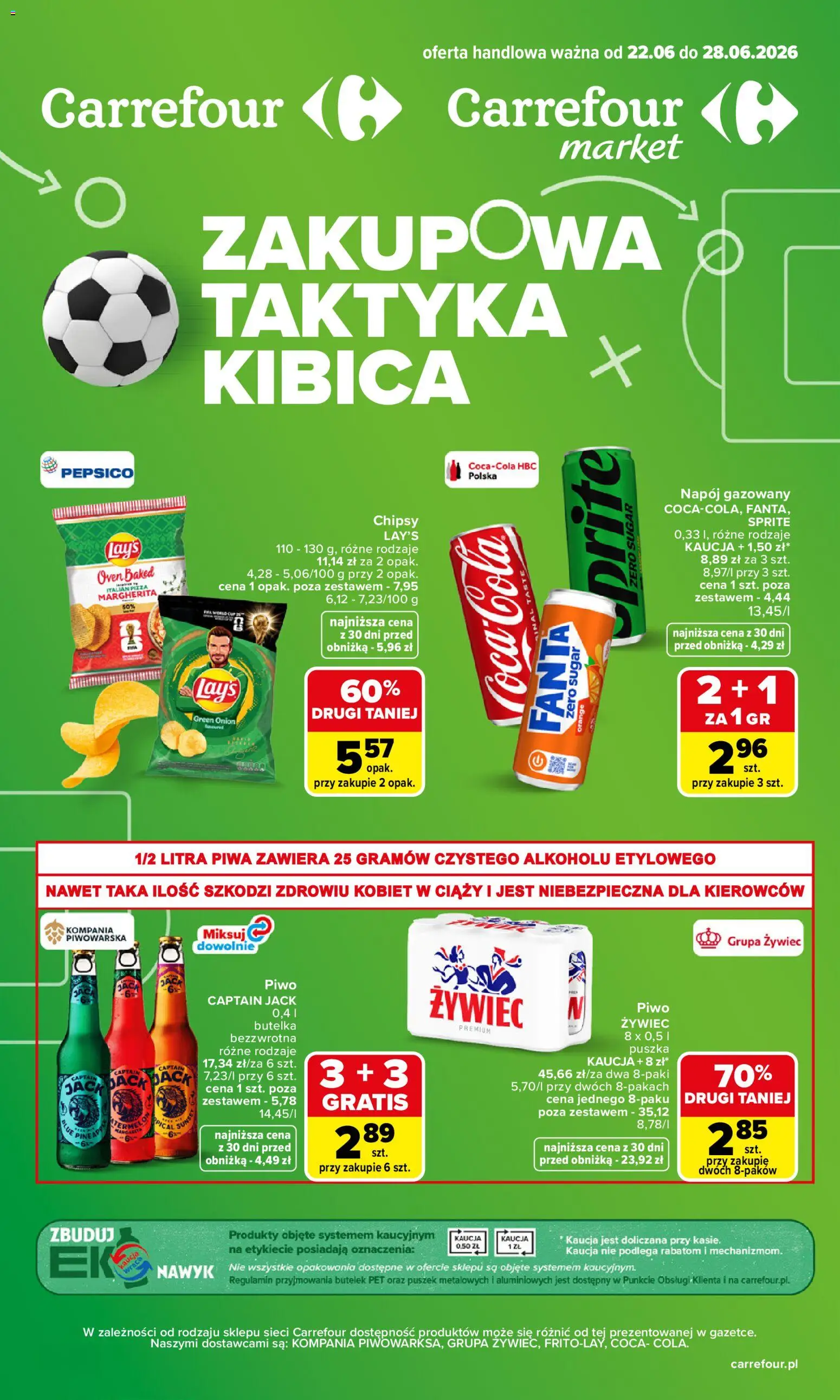 Carrefour gazetka - Zakupowa taktyka kibica od 22.06.2026 | Strona: 1 | Produkty: Chipsy, Sprite, Coca cola, Piwo