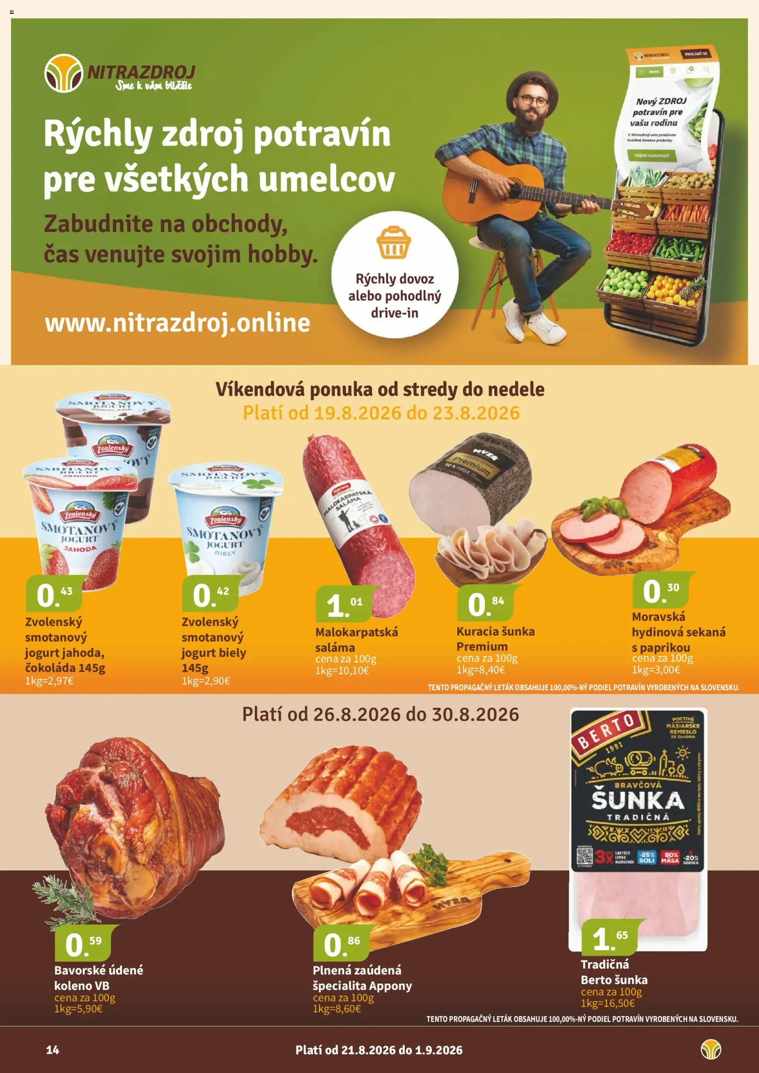 Nové Nitrazdroj akcie – leták je platný od 21.08.2026 | Strana: 14 | Produkty: Jogurt, Saláma, Šunka, Smotanový jogurt