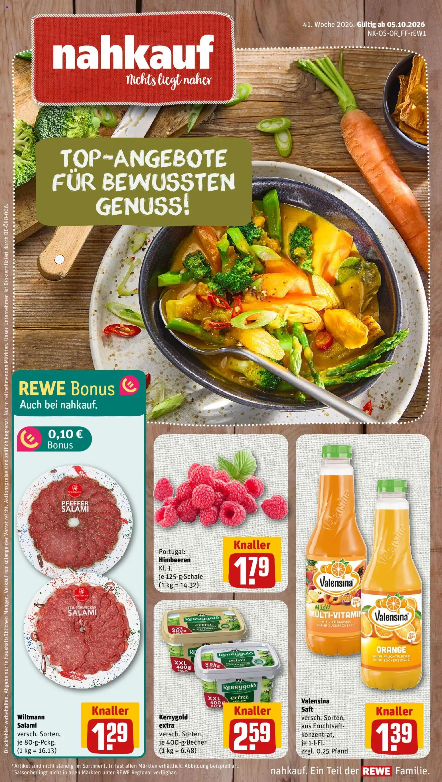Nahkauf Prospekt – gültig ab 05.10.2026 | Seite: 1 | Produkte: Himbeeren, Rapsöl, Valensina, Saft