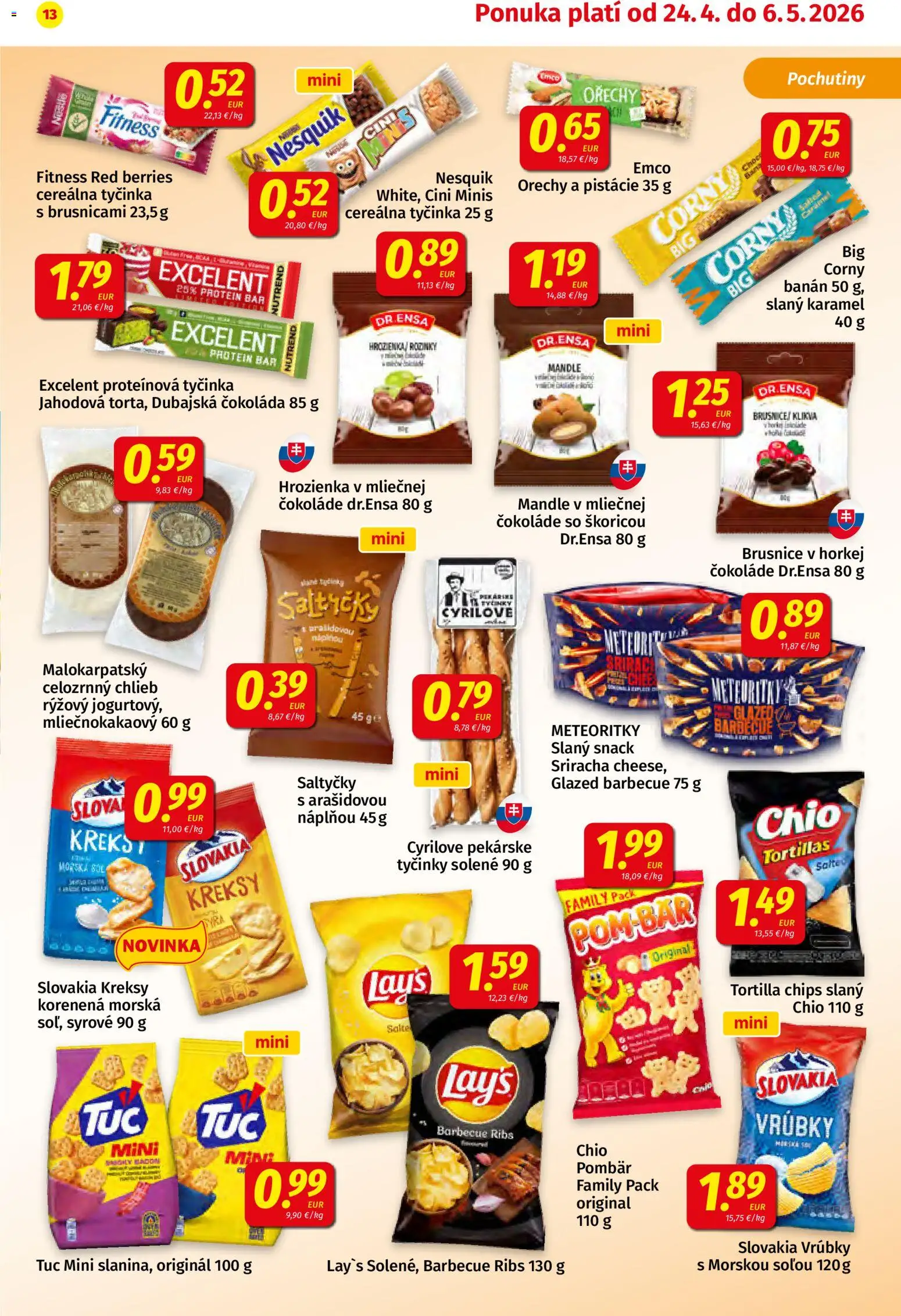 Nové Koruna akcie – leták je platný od 24.04.2026 | Strana: 13 | Produkty: Čokoláda, Hrozienka, Pistácie, Nesquik