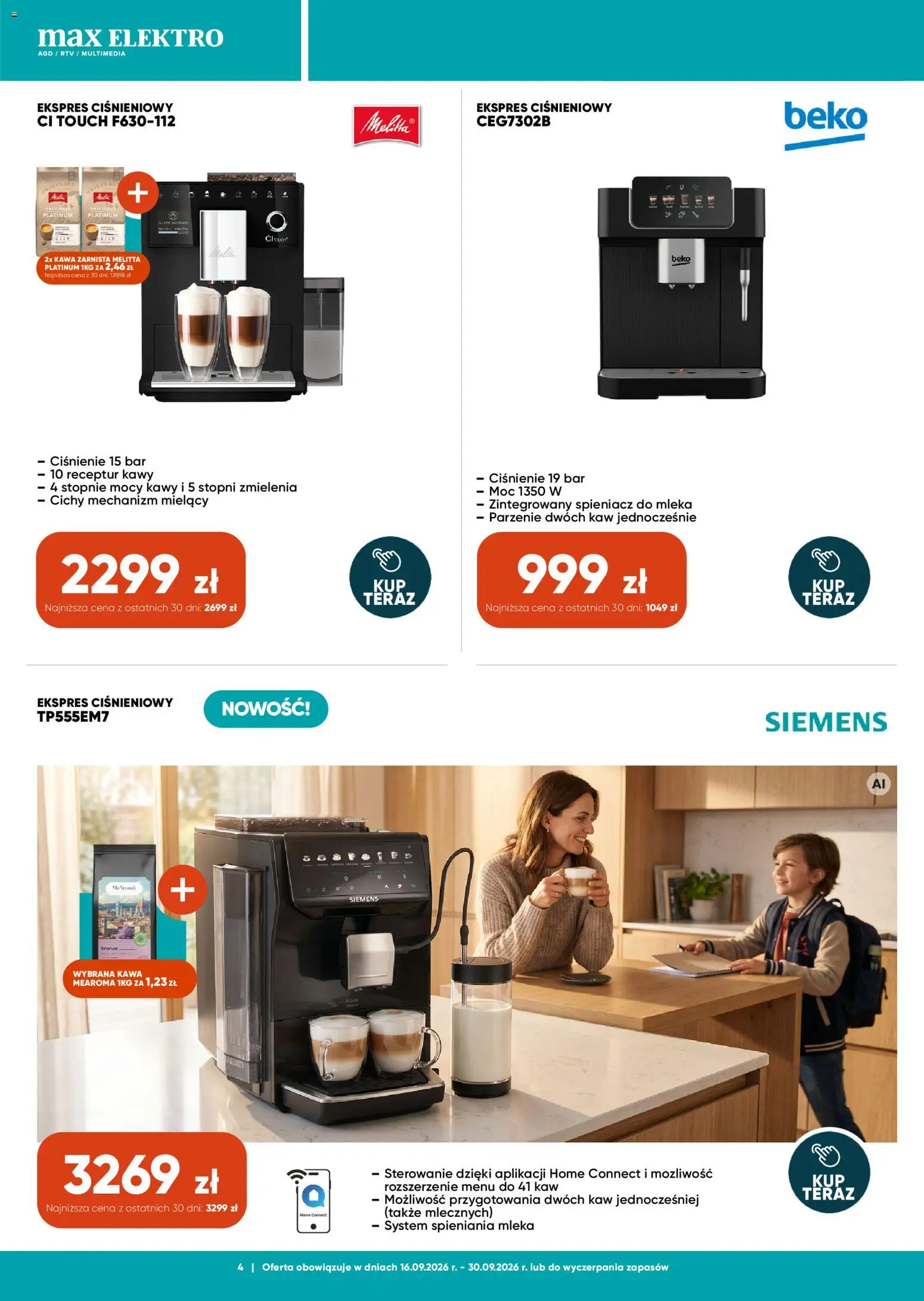 Max elektro gazetka od 16.09.2026 | Strona: 4 | Produkty: Ekspres ciśnieniowy, Mleka, Kawa, Spieniacz do mleka