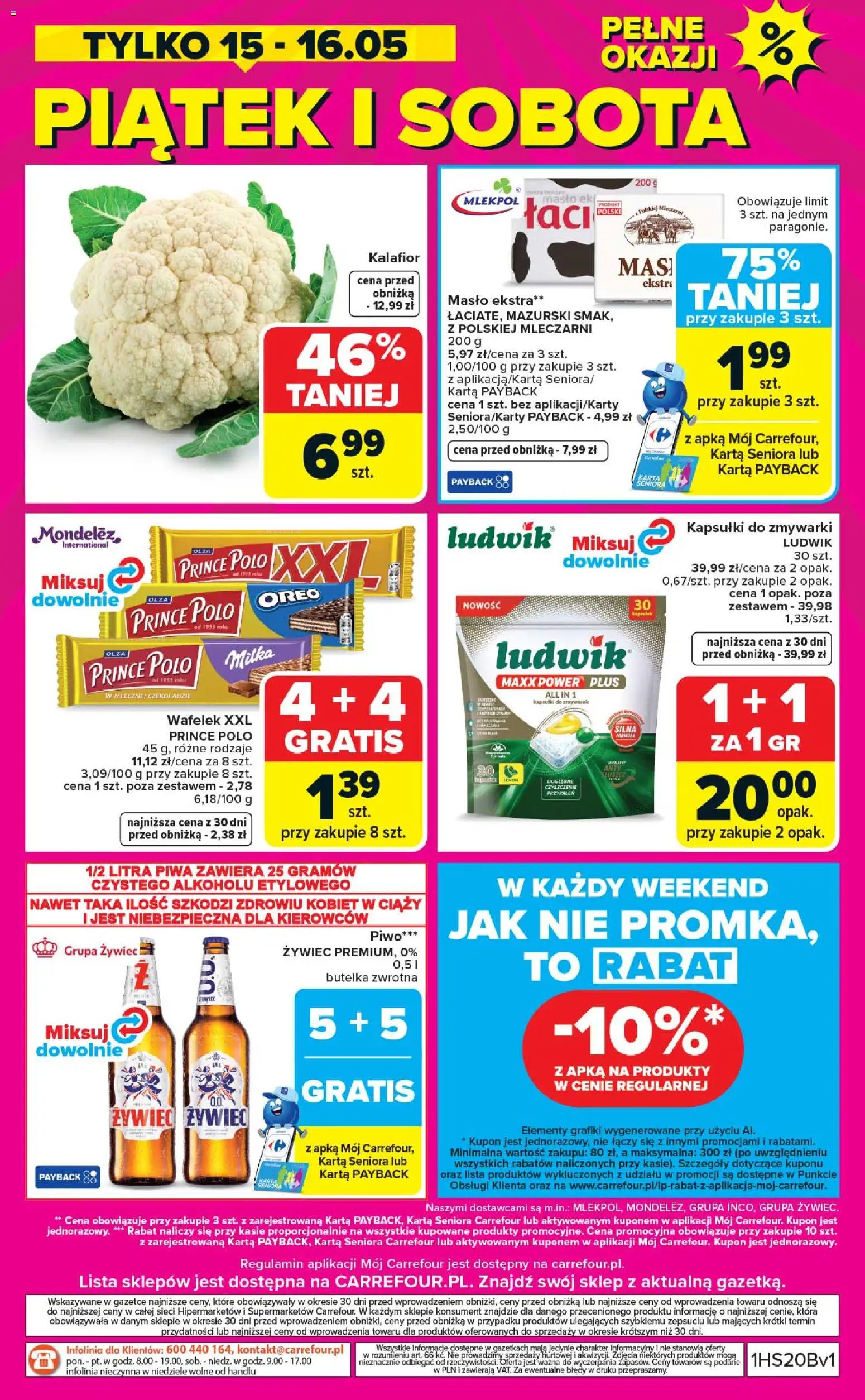 Carrefour gazetka - Weekend okazji od 14.05.2026 | Strona: 8 | Produkty: Kalafior, Milka, Piwo, Kapsułki do zmywarki