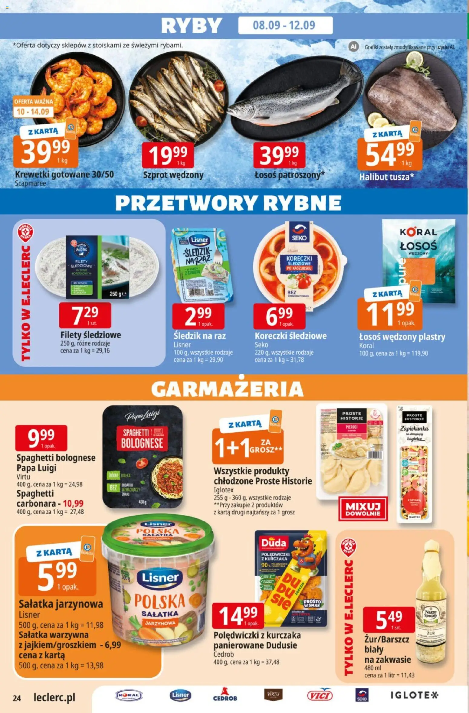 E.Leclerc gazetka od 08.09.2026 | Strona: 24 | Produkty: Carbonara, Specjały, Łosoś, Ryby