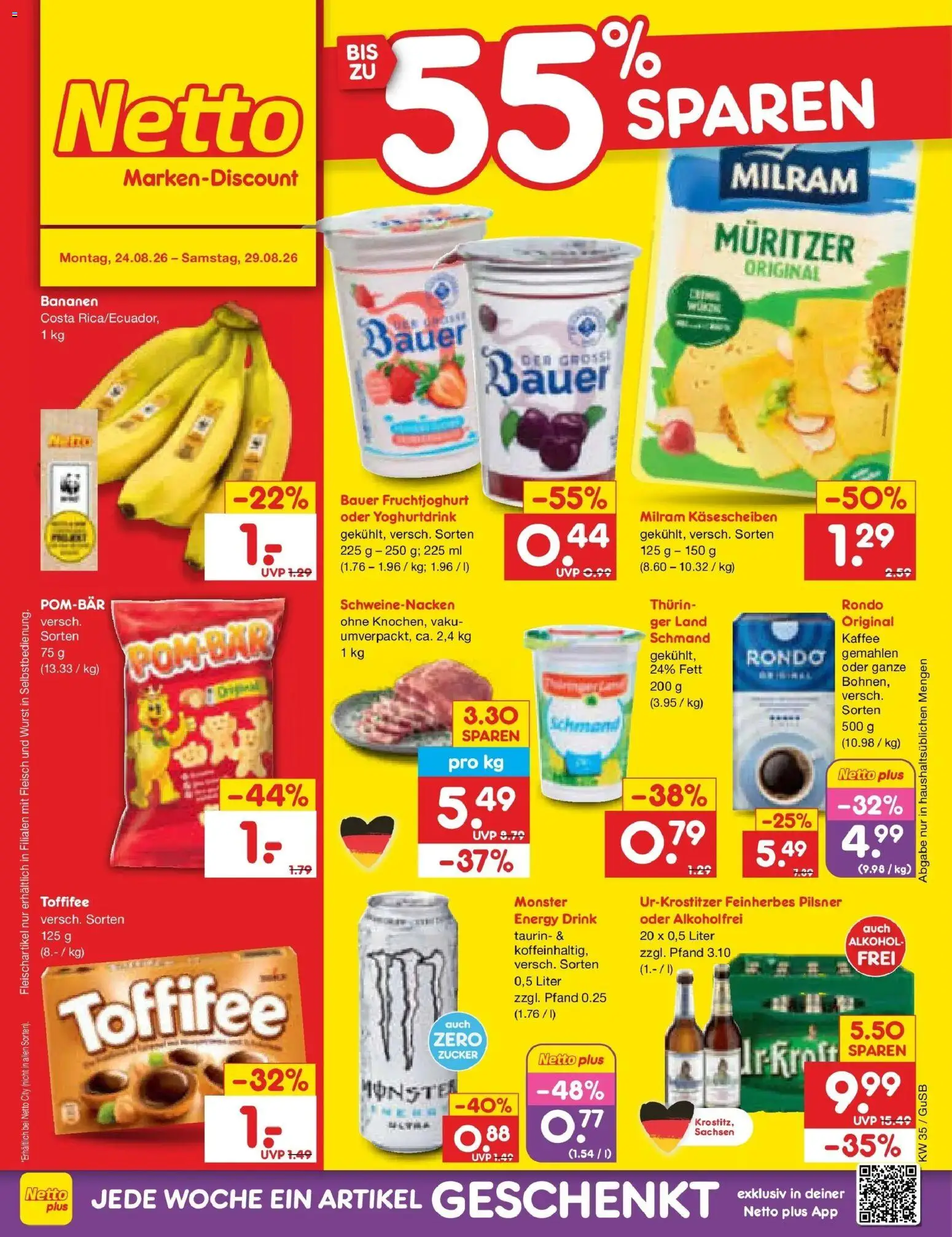 Netto Marken-Discount Prospekt Machern (ab 24.08.2026) » Angebote | Seite: 1 | Produkte: Bananen, Milram, Zucker, Wurst