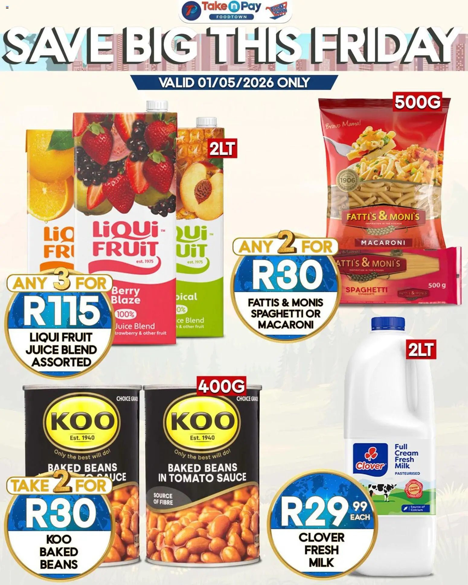 New Take n Pay catalogue – valid from 01.05.2026 | Page: 4 | Products: Beans, Juice, Tomato sauce, Cream