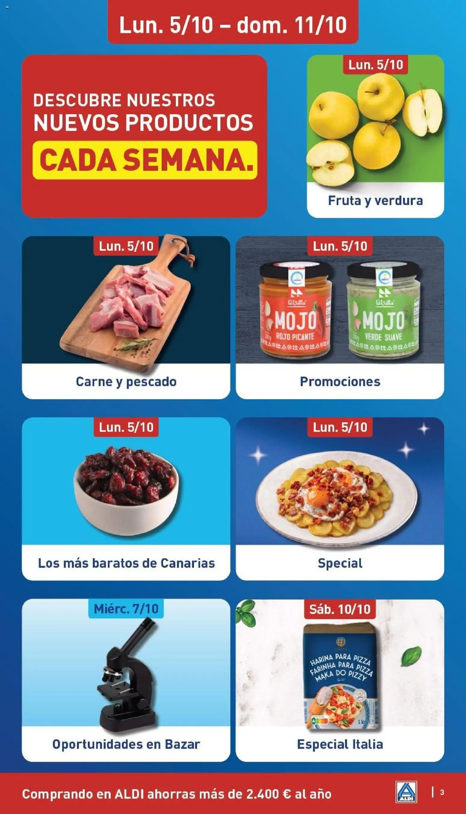 Aldi folleto Canarias │ válido desde el 05/10/2026 | Página: 3 | Productos: Tabla de cortar, Fruta, Pizza, Bacon