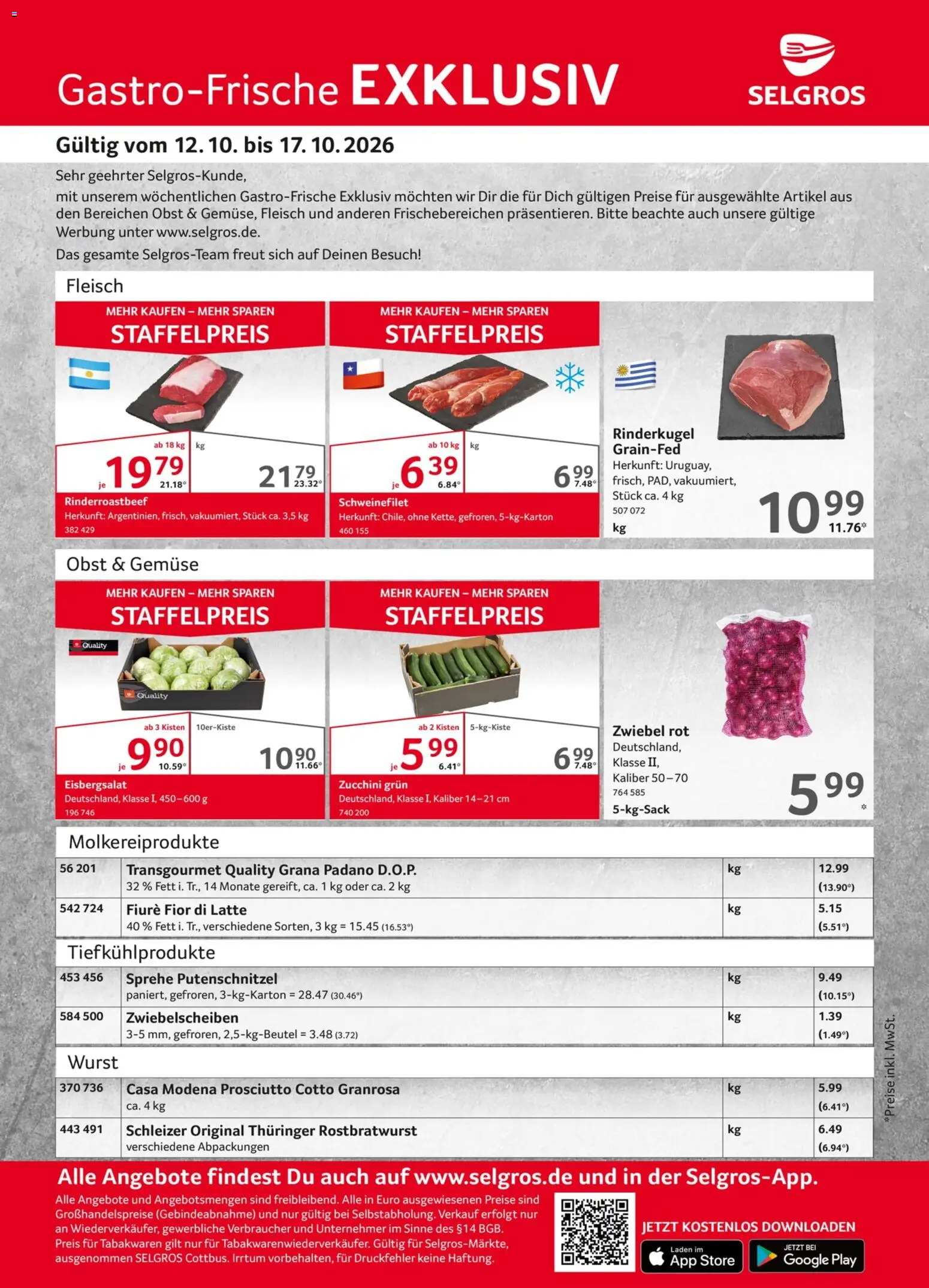 Selgros Gastro Angebote – gültig ab 12.10.2026 | Seite: 1 | Produkte: Grana Padano, Eisbergsalat, Schweinefilet, Wurst
