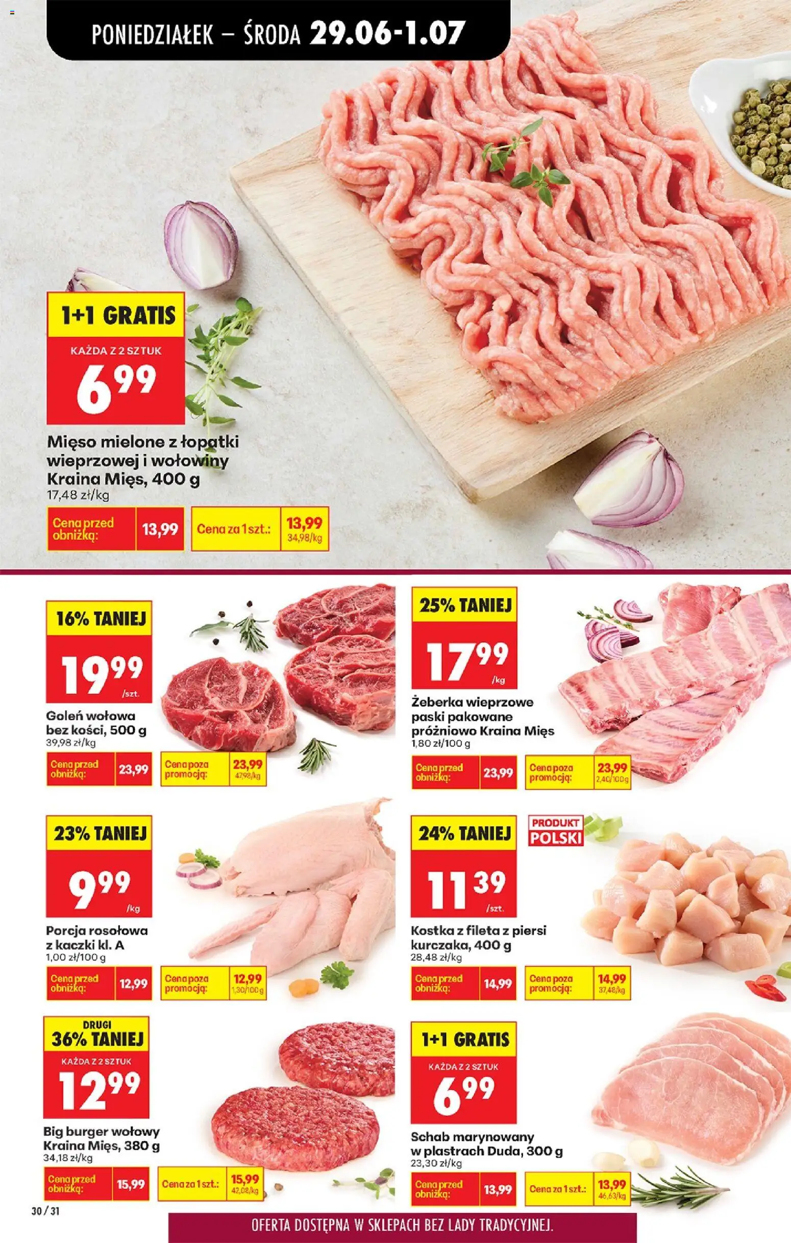 Biedronka gazetka od poniedziałku od 29.06.2026 | Strona: 36 | Produkty: Burger wołowy, Schab, Piersi, Kraina mięs