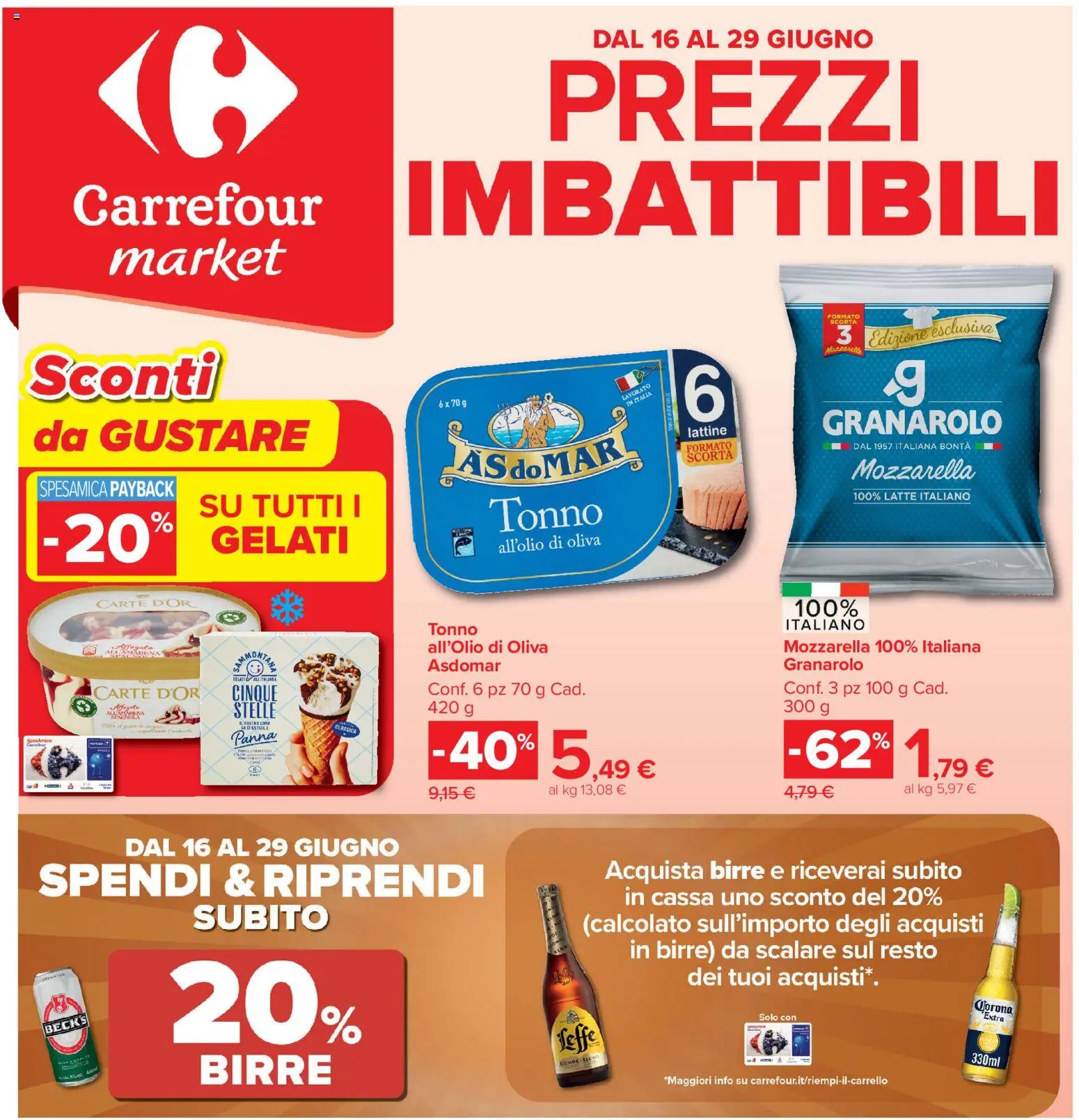 Volantino Carrefour del 16.06.2026 | Pagina: 1 | Prodotti: Panna, Mozzarella, Latte, Tonno