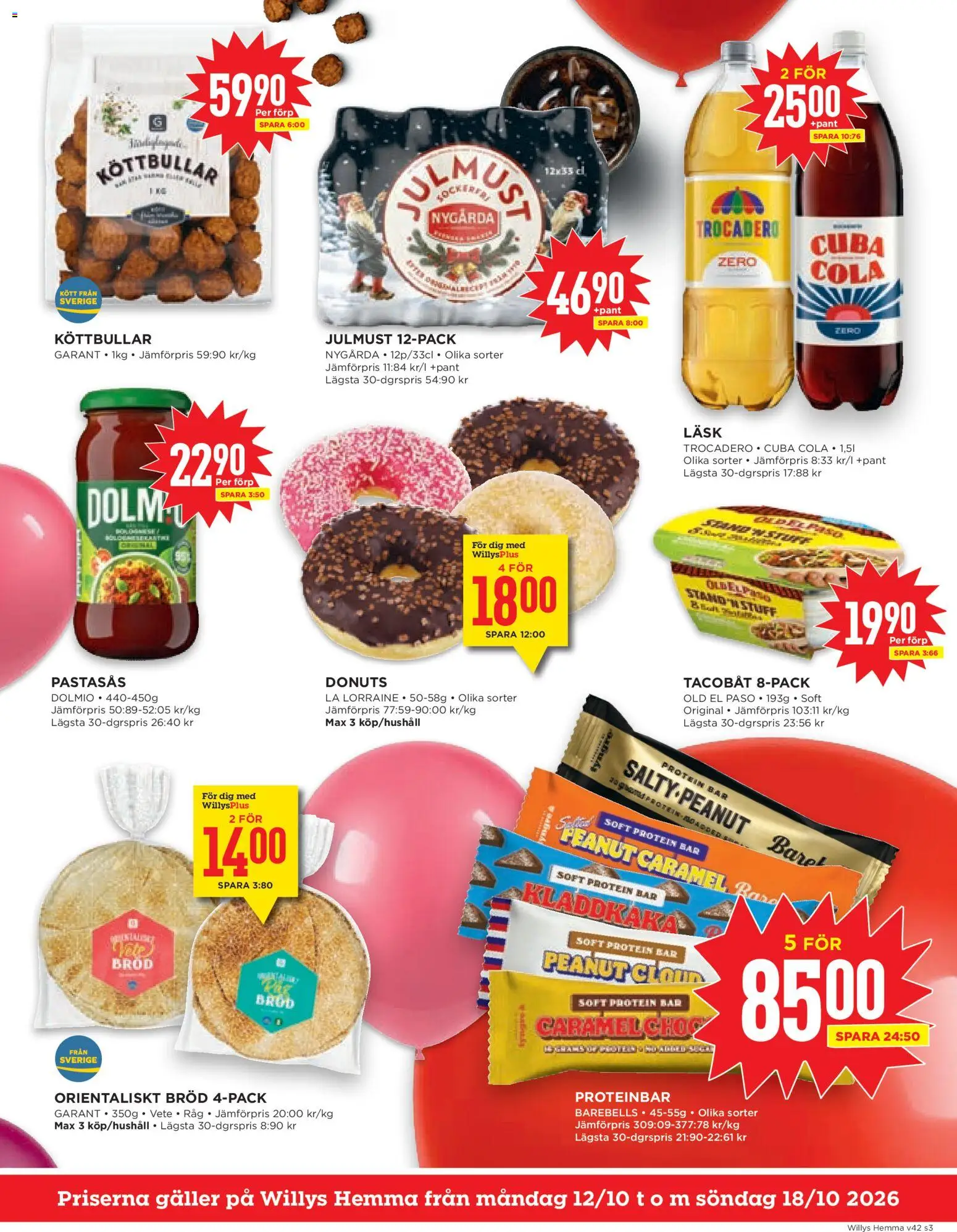 Willys reklamblad aktuell från 12/10/2026 | Sida: 3 | Produkter: Proteinbar, Kladdkaka, Bröd, Kött