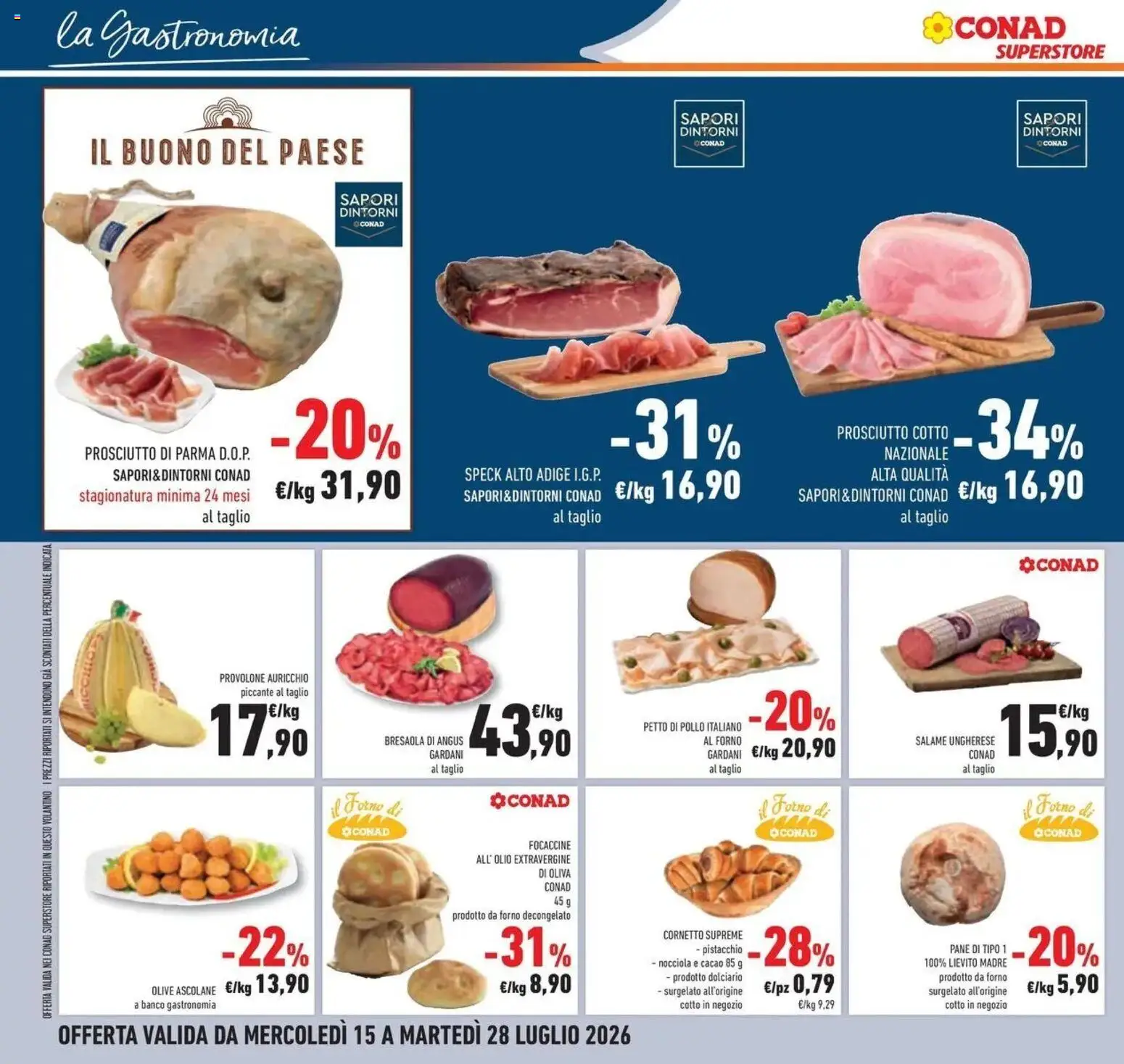 Volantino Conad del 14/07/2026 | Pagina: 14 | Prodotti: Prosciutto di Parma, Prosciutto Cotto, Olive, Lievito