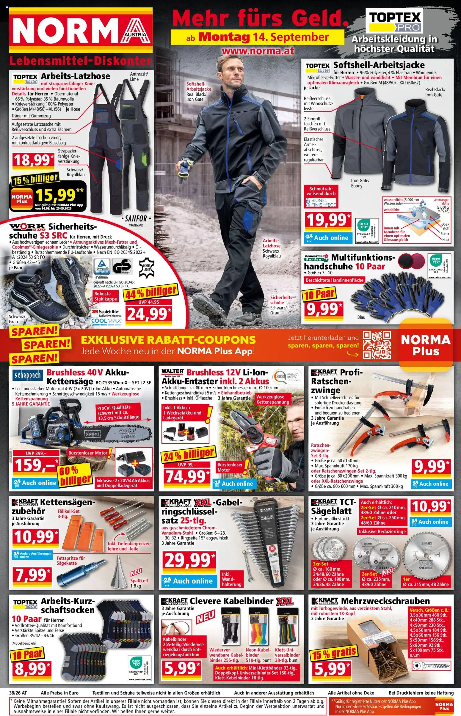 Norma Flugblatt gültig ab 14.09.2026 | Seite: 1 | Produkte: Jacke, Hose, Handschuhe, Kabel