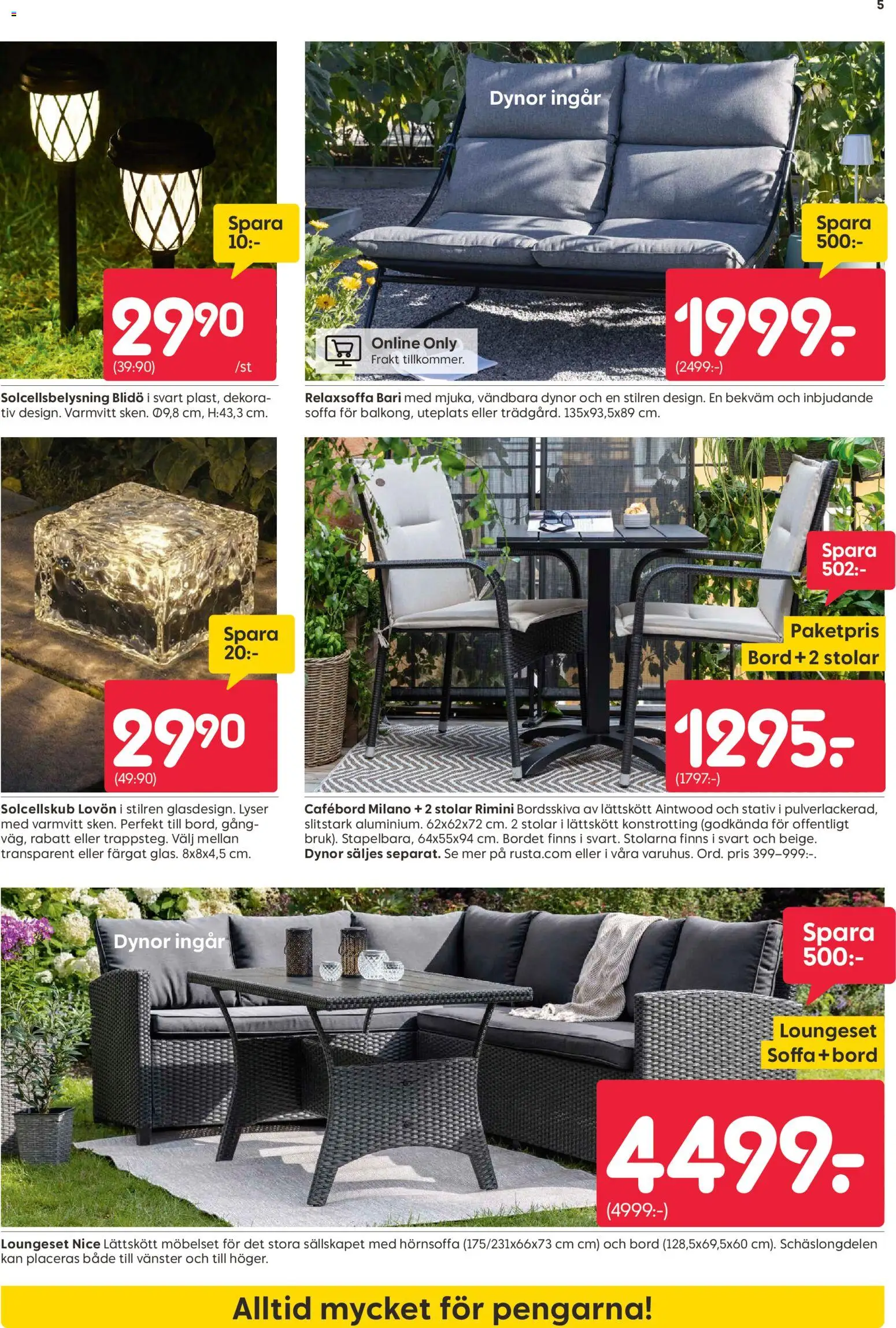 Rusta reklamblad aktuell från 18.05.2026 | Sida: 5 | Produkter: Solcellsbelysning, Dynor, Soffa, Bord
