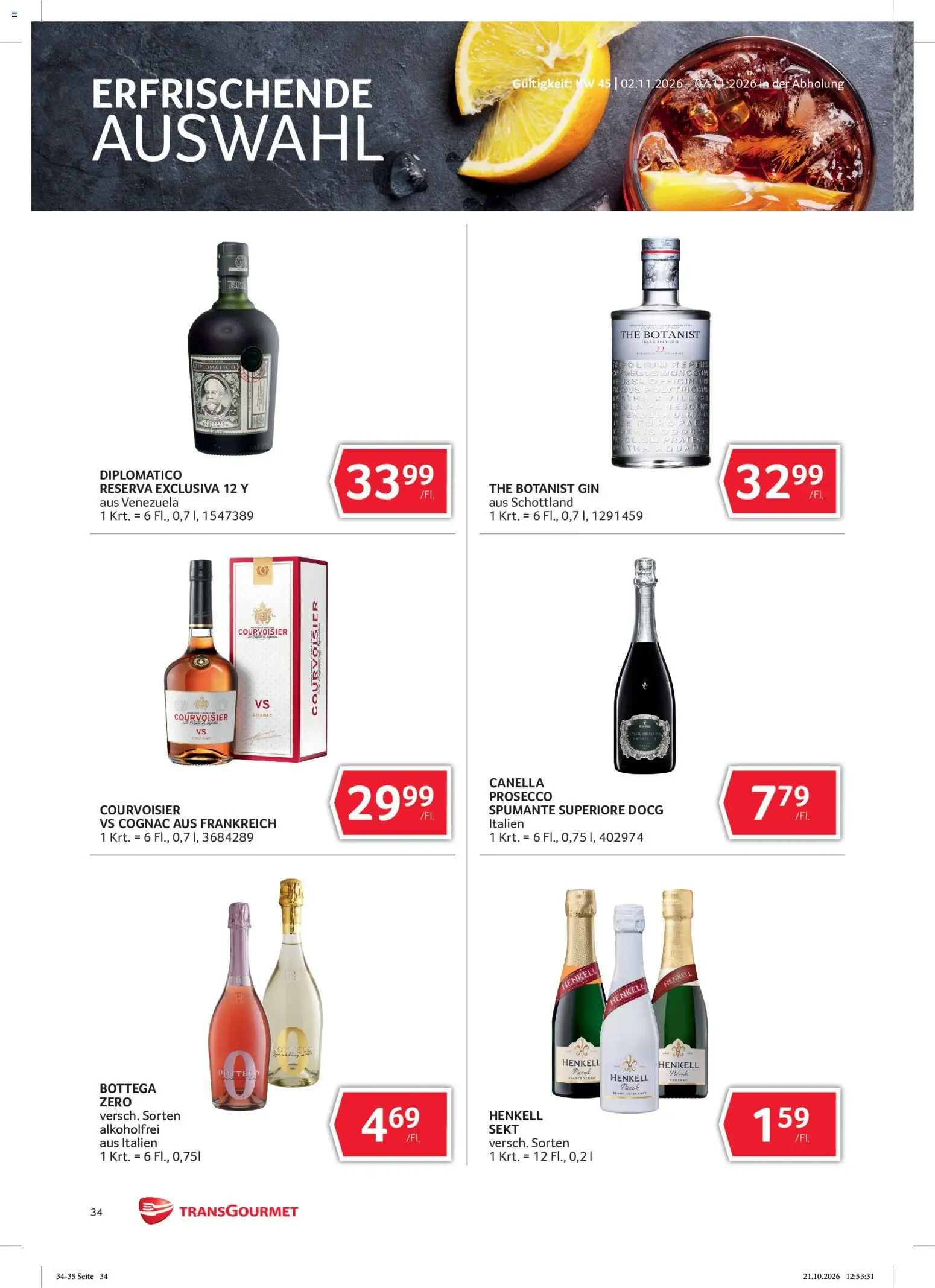 Transgourmet Abhol Aktion gültig ab 02.11.2026 | Seite: 34 | Produkte: Gin, Prosecco