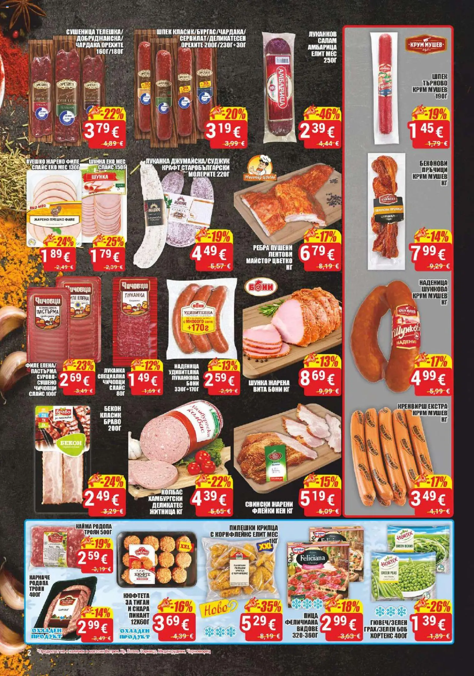{H1} | Страница: 2 | Продукти: Шунка, Наденица, Бекон, Кайма