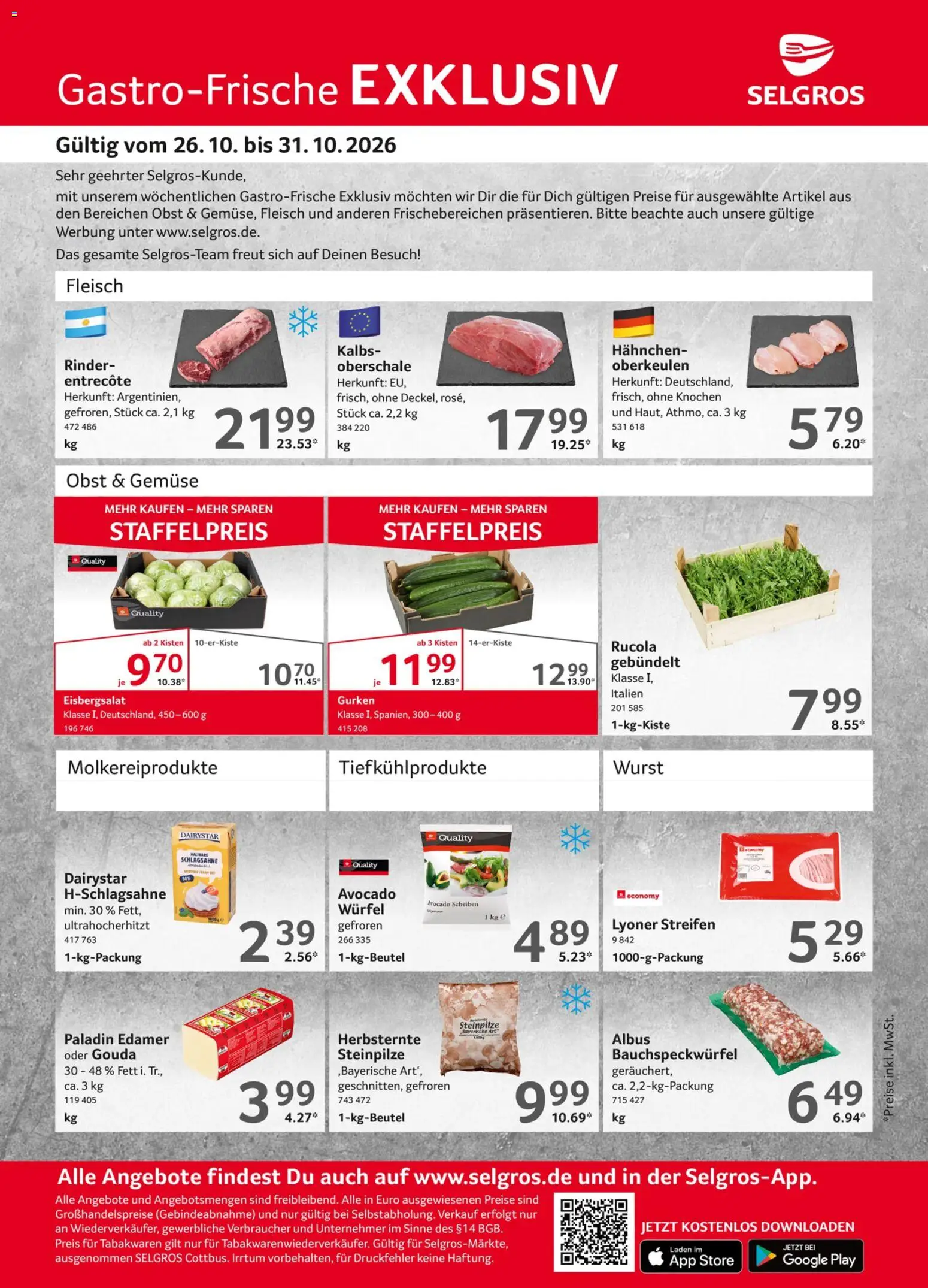 Selgros Gastro Angebote – gültig ab 26.10.2026 | Seite: 1 | Produkte: Hahnchen, Schlagsahne, Gouda, Obst