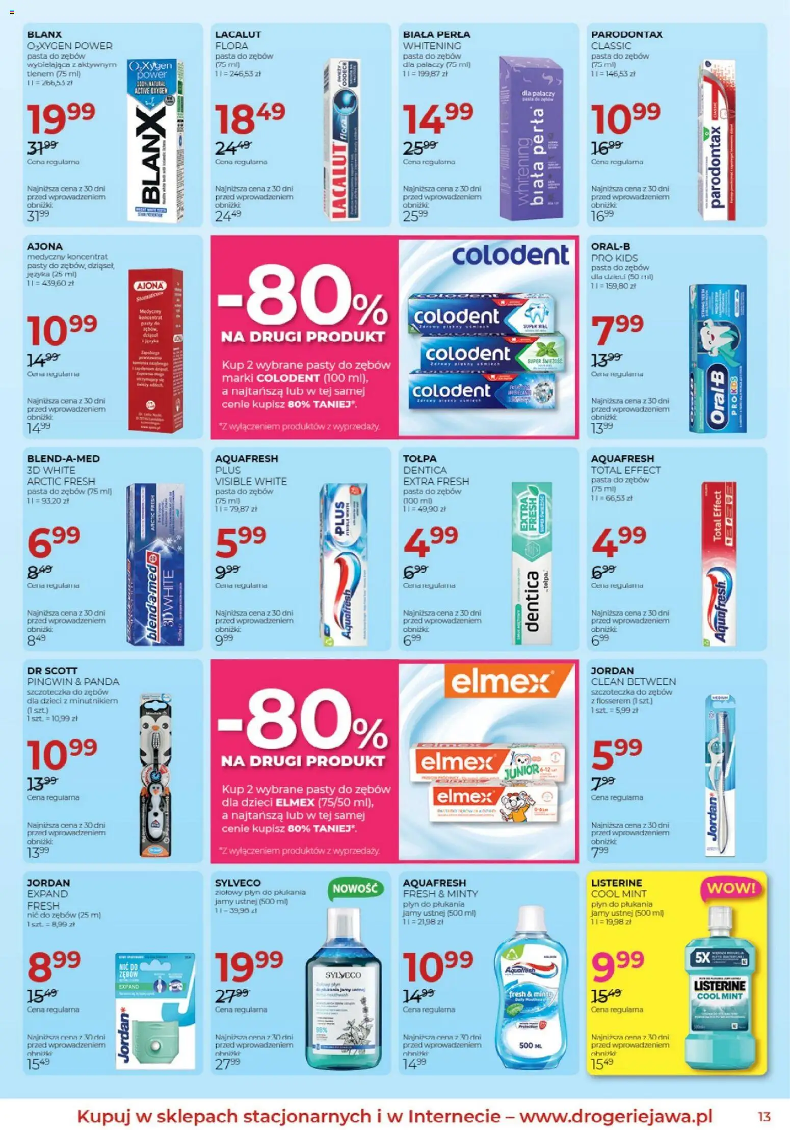 Jawa gazetka od 04.08.2026 | Strona: 13 | Produkty: Listerine, Pasta, Lacalut, Płyn do płukania jamy ustnej