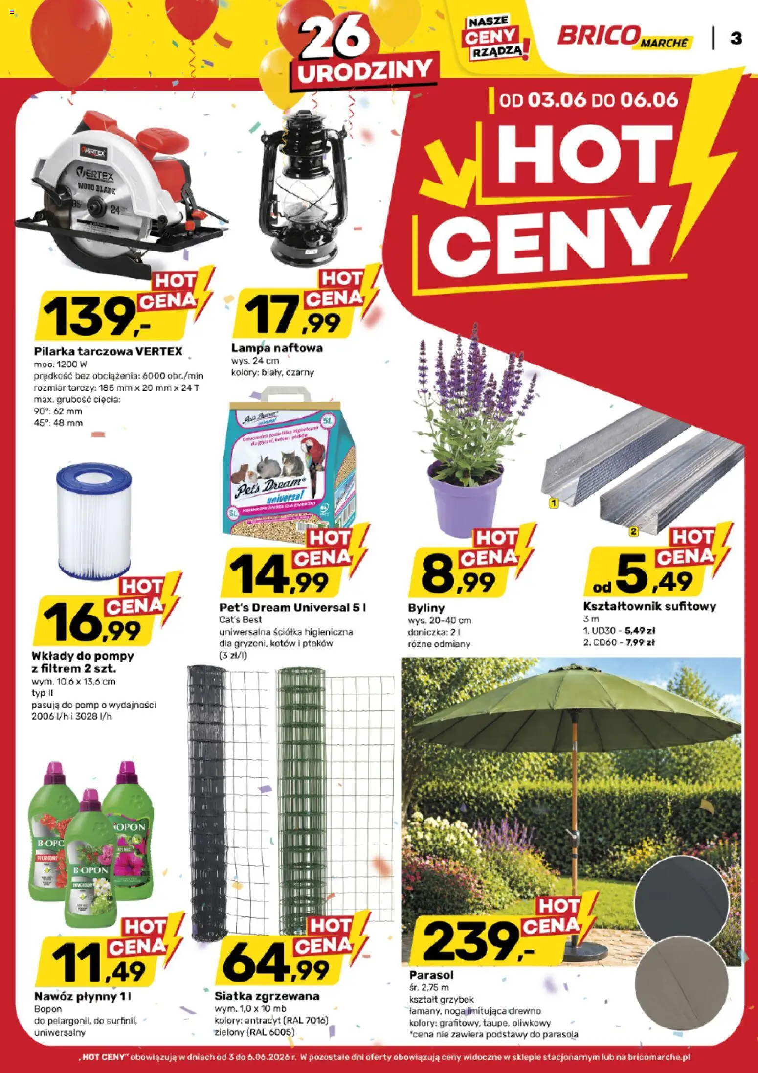 Brico Marché gazetka - Hot ceny od 03.06.2026 | Strona: 3 | Produkty: Parasol, Siatka, Doniczka, Lampa