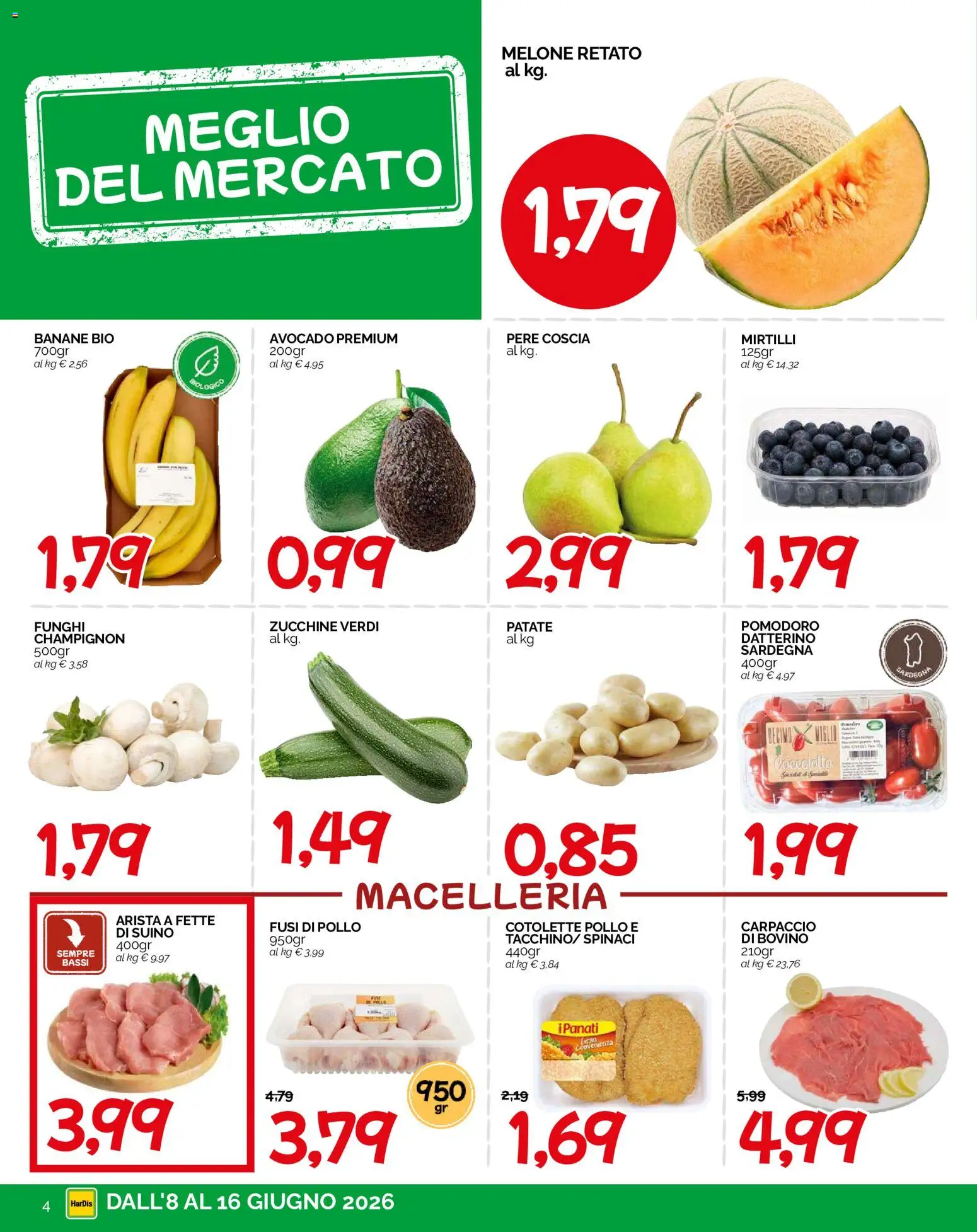 Volantino HarDis del 08.06.2026 | Pagina: 4 | Prodotti: Bovino, Banane, Avocado, Spinaci