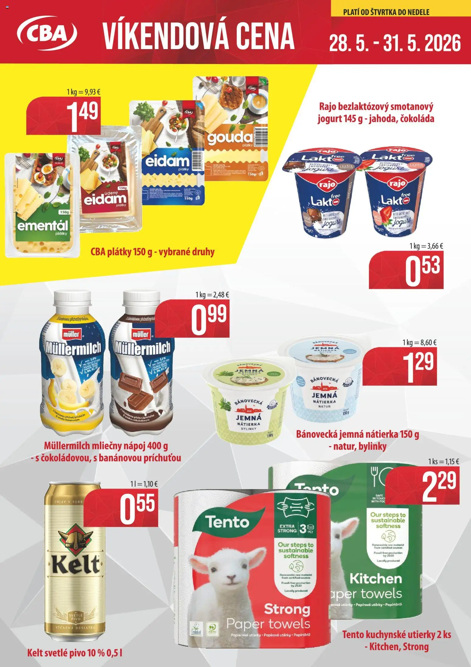 Nové CBA Verex akcie – leták je platný od 28.05.2026 | Strana: 1 | Produkty: Jogurt, Gouda, Eidam, Kelt