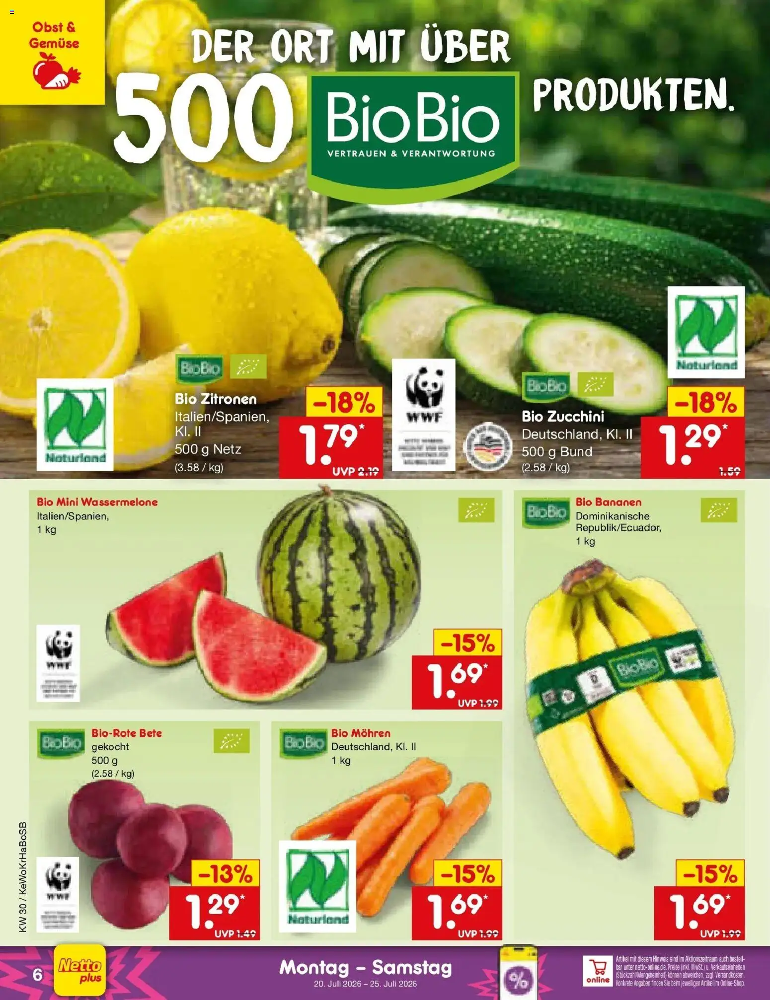 Netto Marken-Discount Prospekt Wuppertal – gültig ab 20.07.2026 | Seite: 6 | Produkte: Bananen, Mohren, Obst, Zucchini
