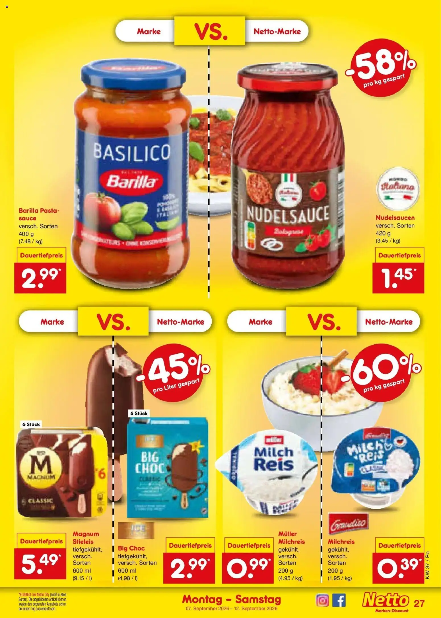 Netto Marken-Discount Prospekt Amberg – gültig ab 07.09.2026 | Seite: 37 | Produkte: Milch, Barilla, Pasta, Reis