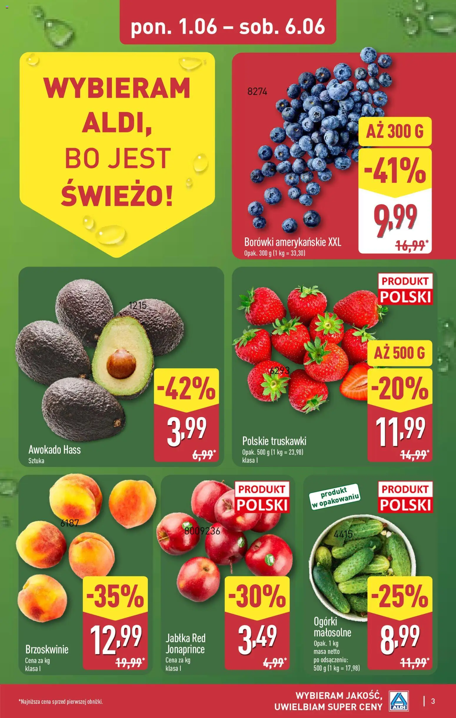 Aldi gazetka od 01.06.2026 | Strona: 3 | Produkty: Jabłka, Truskawki, Ogórki, Awokado