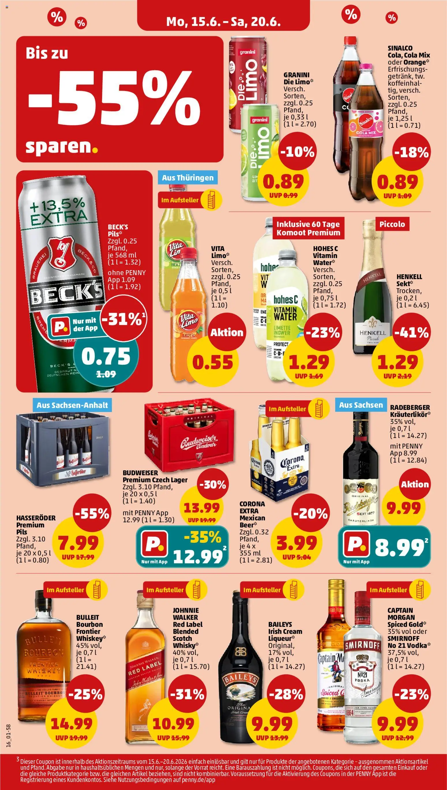 Penny Prospekt – gültig ab 15.06.2026 | Seite: 18 | Produkte: Sinalco, Captain morgan, Hohes c, Whiskey