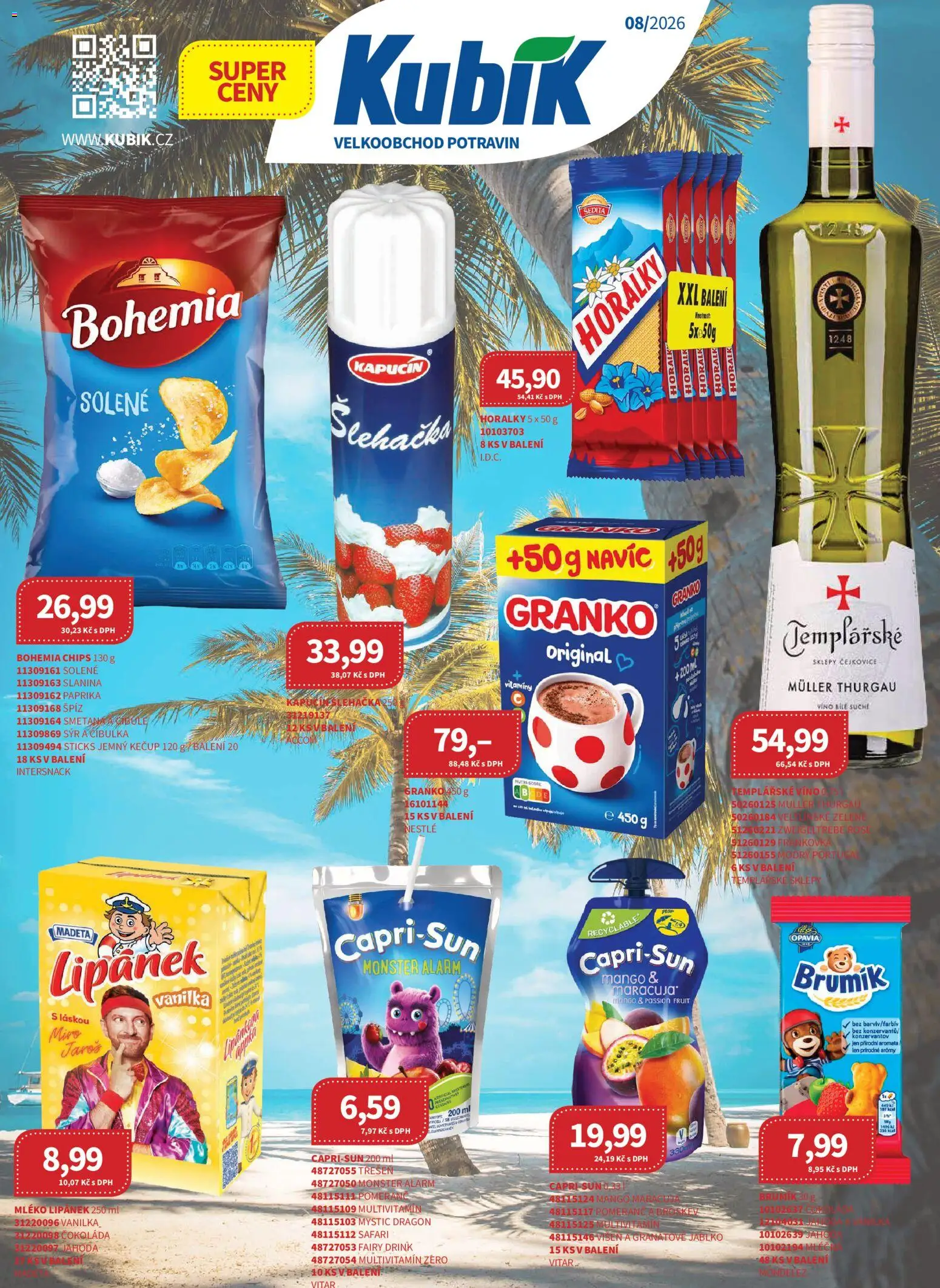 Kubík leták - Velkoobchod 08/2026 od 01.08.2026 | Strana: 1 | Produkty: Mléko, Smetana, Vitamíny, Bohemia chips