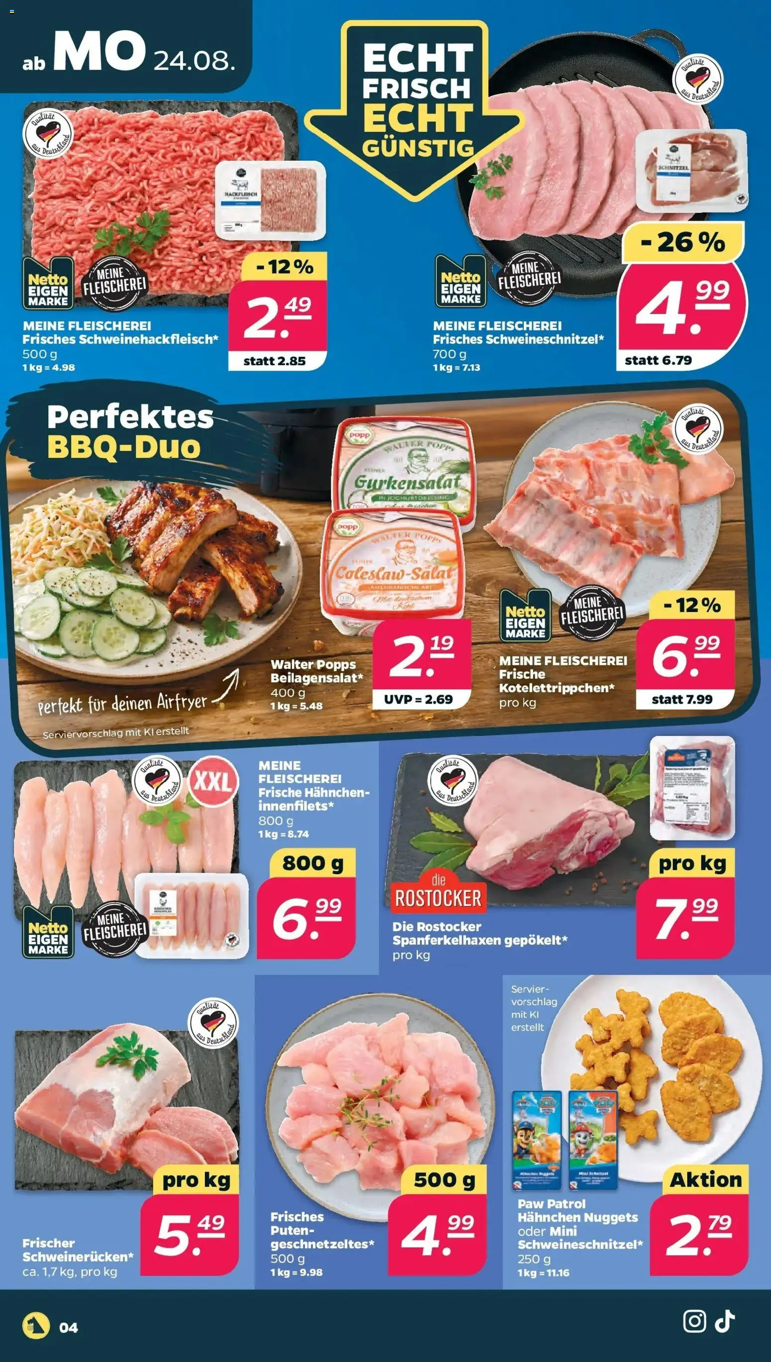 Netto Aktueller Prospekt ab 23.08.2026 → Angebote nächste Woche | Seite: 6 | Produkte: Hahnchen, Schnitzel, Hackfleisch