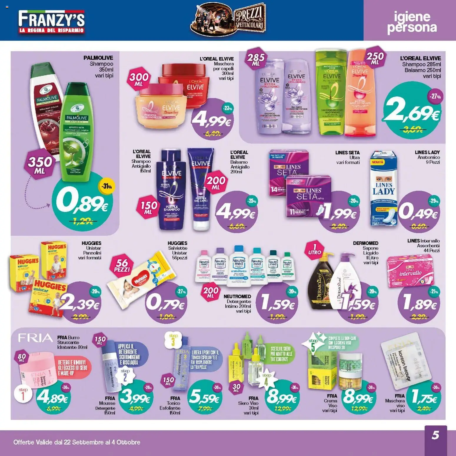 Volantino Franzy's del 22/09/2026 | Pagina: 5 | Prodotti: Crema, Struccante, Detergente, Acqua